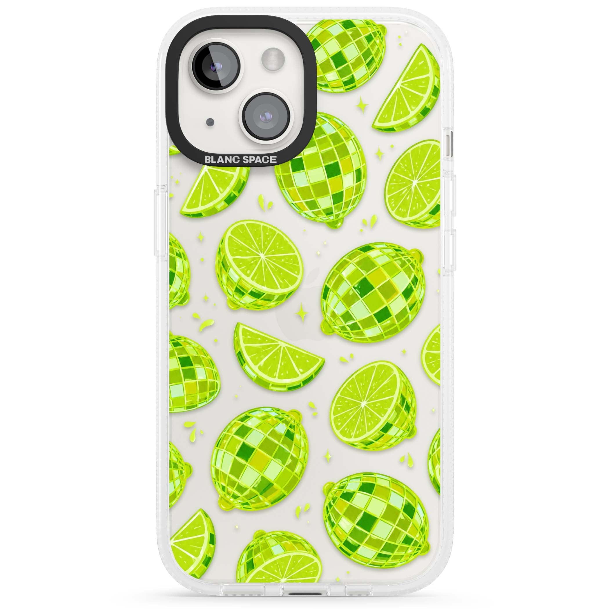 Disco Limes fruit aesthetic iPhone case featuring green disco balls, lime slices and citrus sparkles | Clear Case Impact Air case for iPhone 15, iPhone 15 Plus