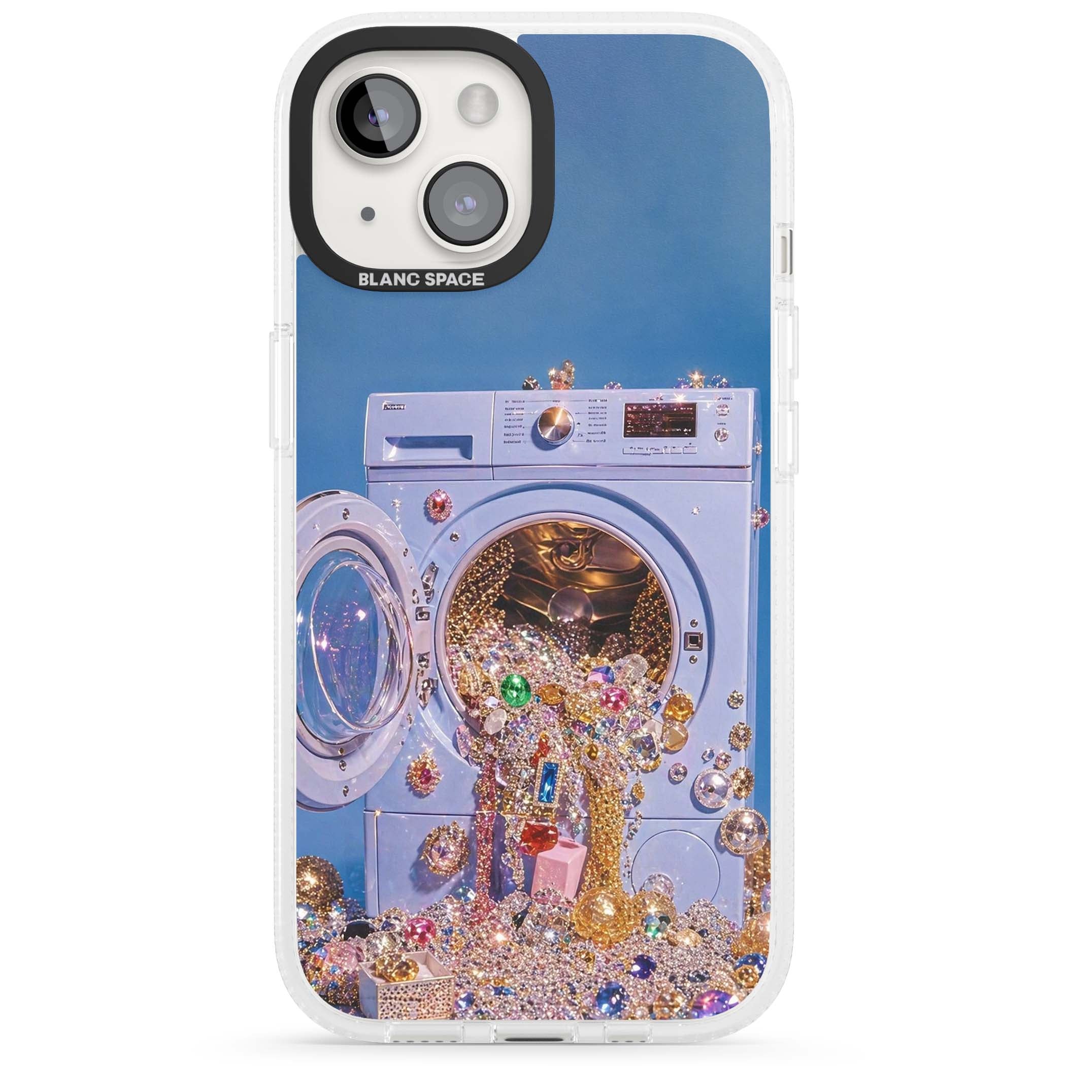 Gem Laundry baddie iPhone case featuring a surreal washing machine overflowing with colourful gemstones and crystals | Clear Case Impact Air case for iPhone 15, iPhone 15 Plus
