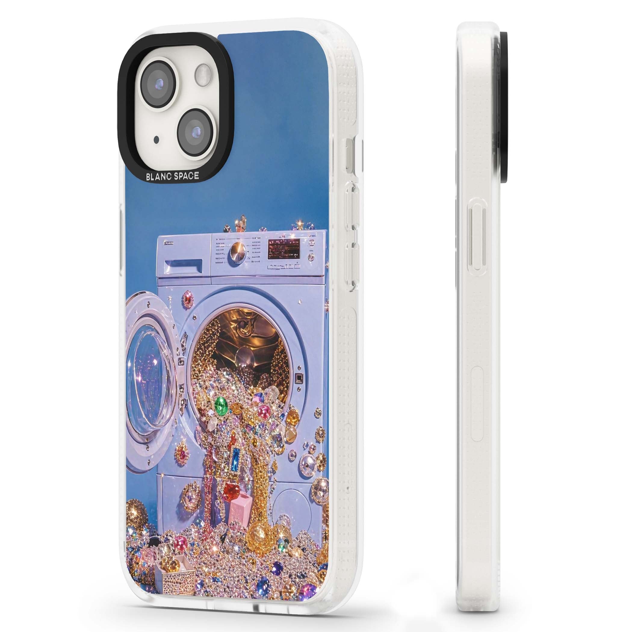 Gem Laundry baddie iPhone case featuring a surreal washing machine overflowing with colourful gemstones and crystals | Clear Case Impact Air case for iPhone 15, iPhone 15 Plus