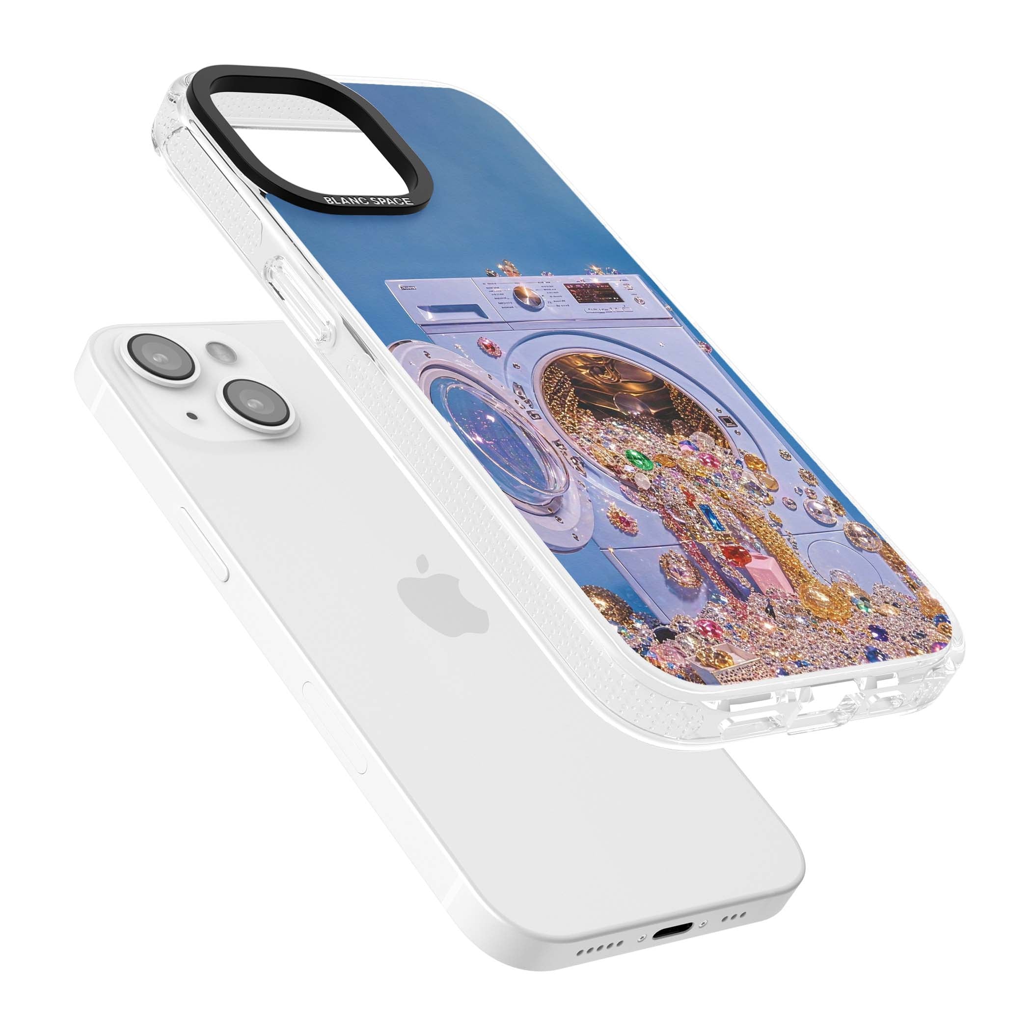 Gem Laundry baddie iPhone case featuring a surreal washing machine overflowing with colourful gemstones and crystals | Clear Case Impact Air case for iPhone 15, iPhone 15 Plus