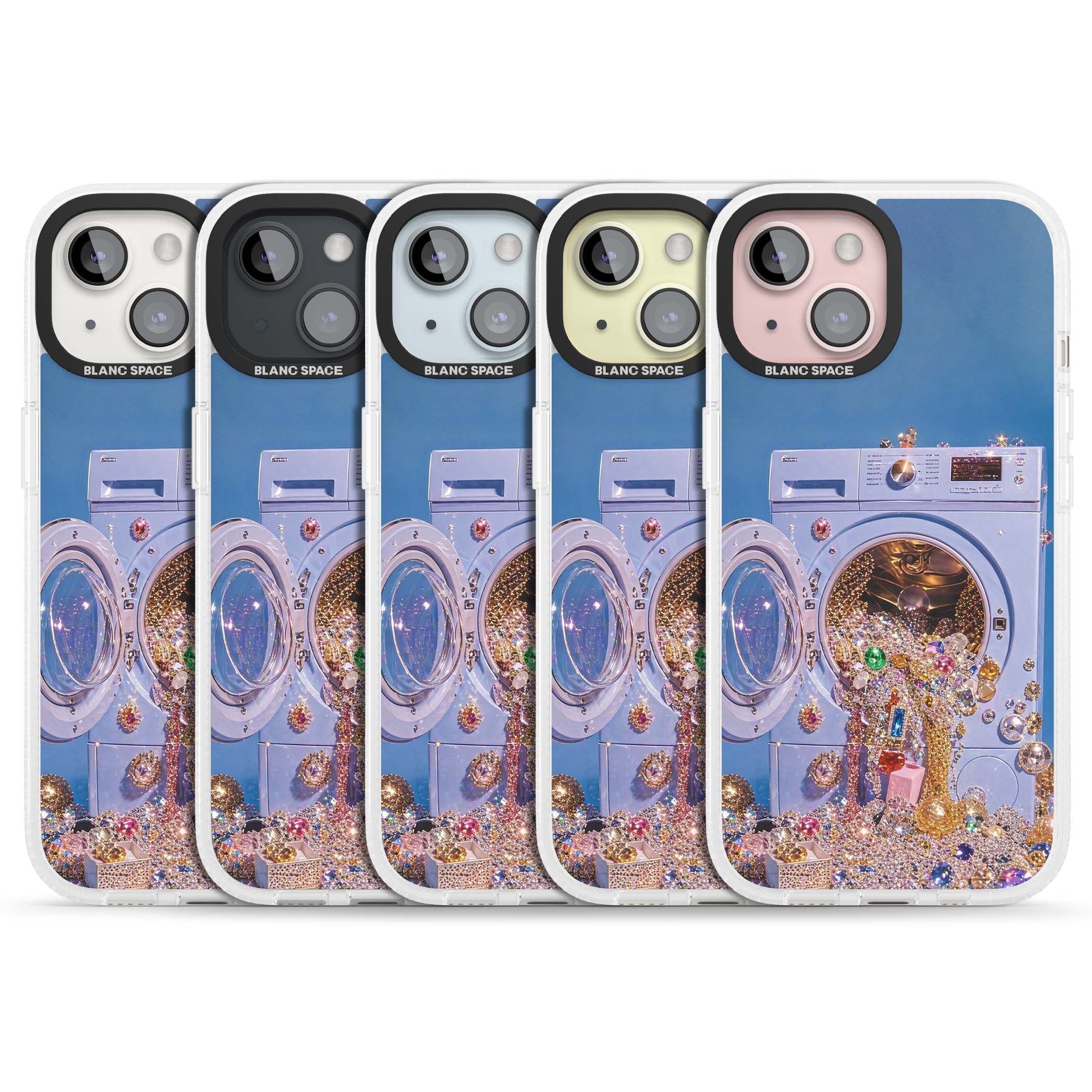 Gem Laundry baddie iPhone case featuring a surreal washing machine overflowing with colourful gemstones and crystals | Clear Case Impact Air case for iPhone 15, iPhone 15 Plus