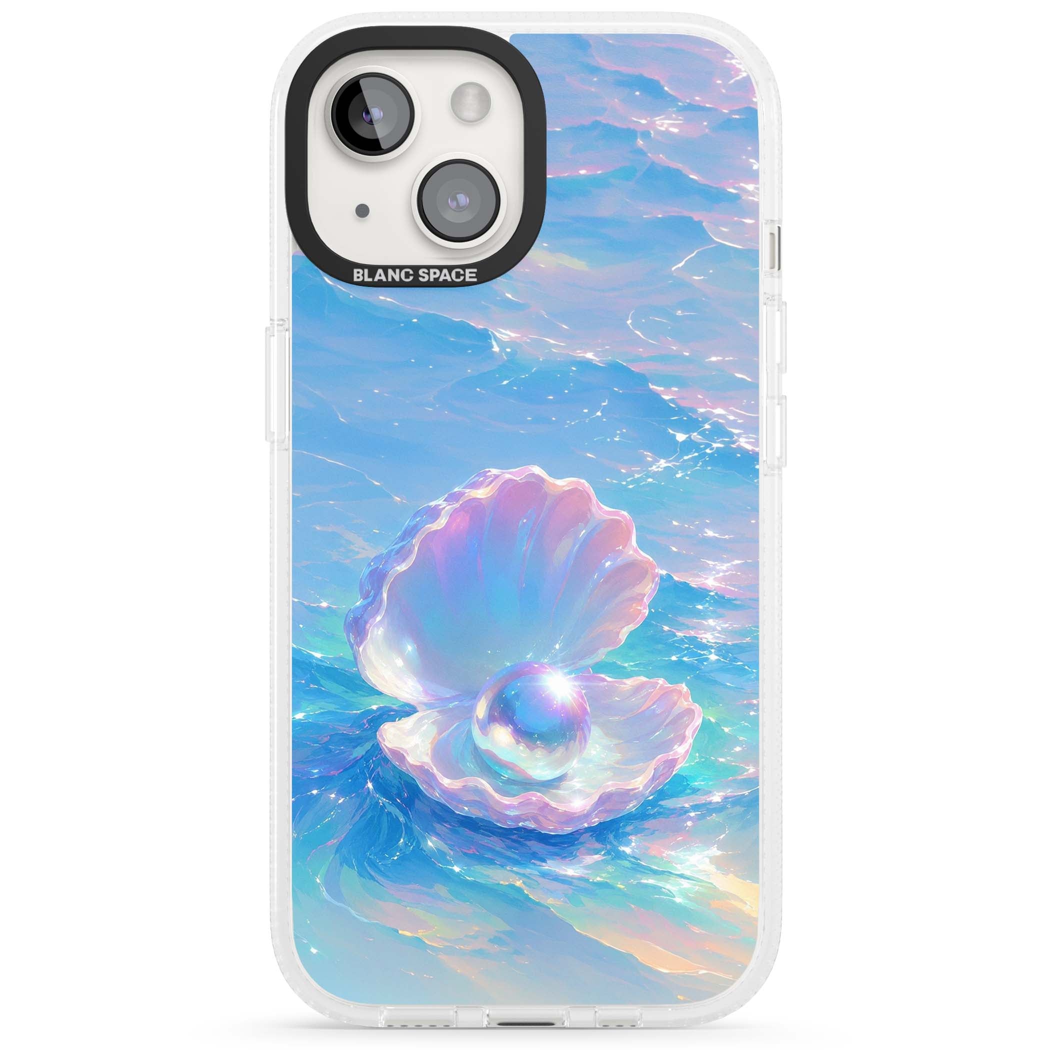 The Pearl Clam mermaidcore iPhone case featuring iridescent seashell, glowing pearl and pastel ocean waves | Clear Case Impact Air case for iPhone 15, iPhone 15 Plus
