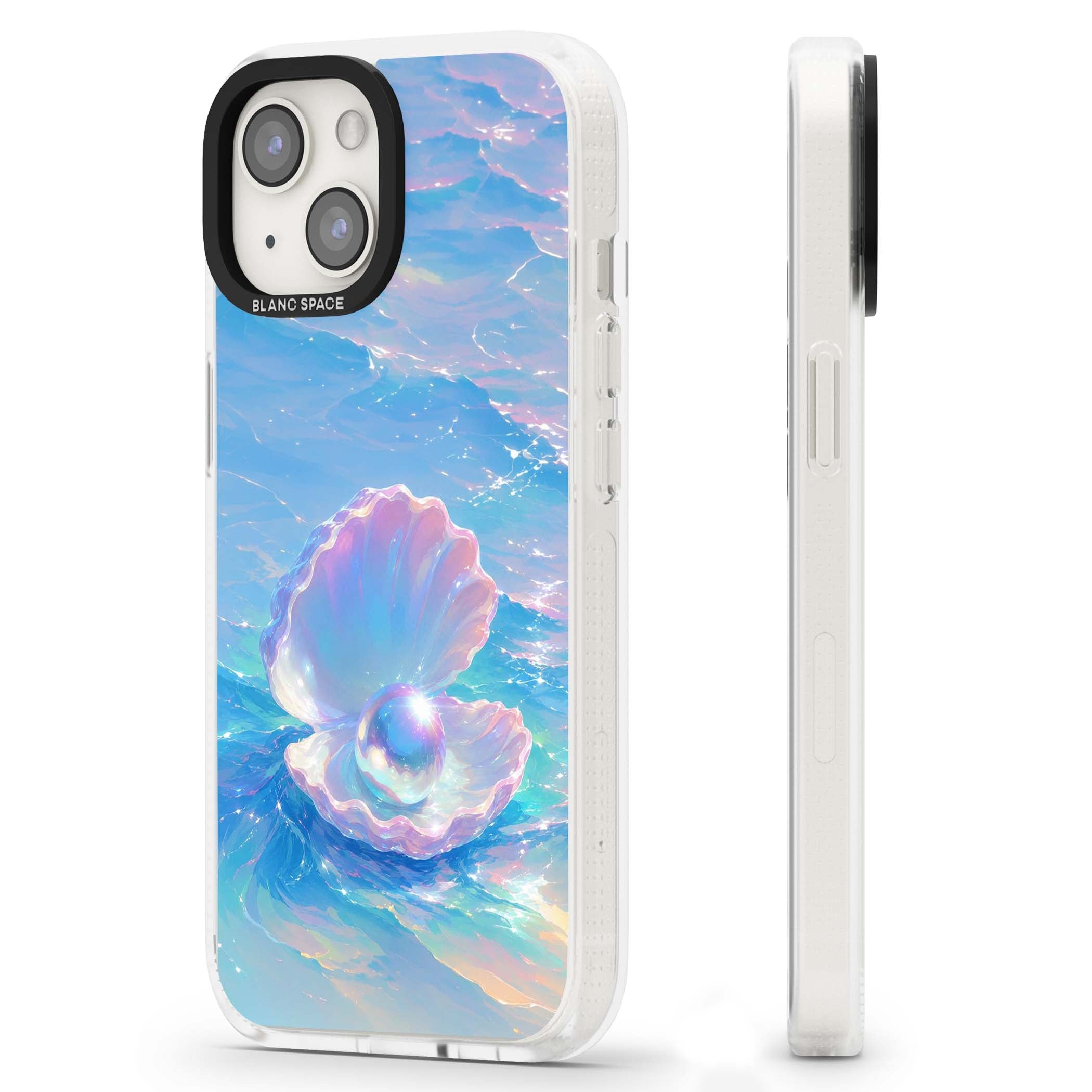 The Pearl Clam mermaidcore iPhone case featuring iridescent seashell, glowing pearl and pastel ocean waves | Clear Case Impact Air case for iPhone 15, iPhone 15 Plus