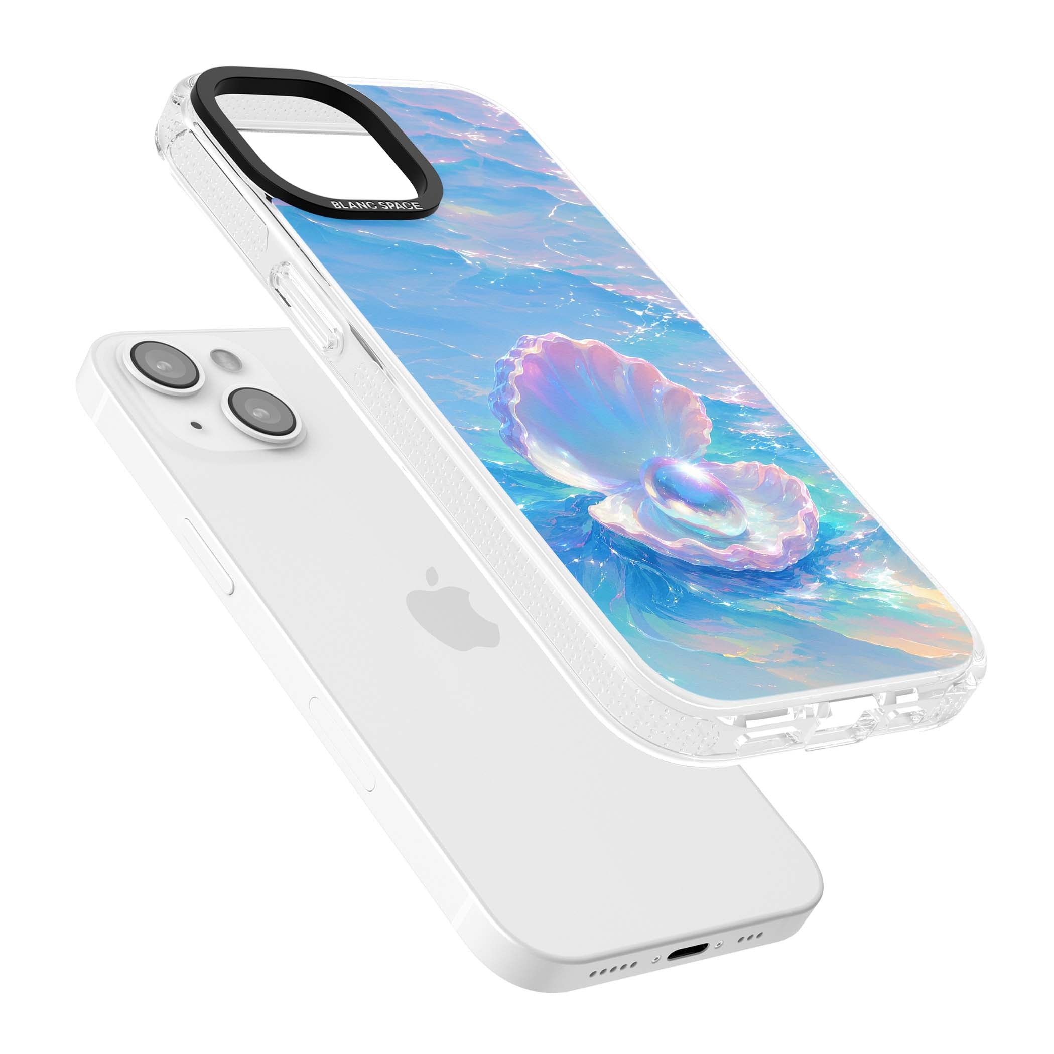 The Pearl Clam mermaidcore iPhone case featuring iridescent seashell, glowing pearl and pastel ocean waves | Clear Case Impact Air case for iPhone 15, iPhone 15 Plus