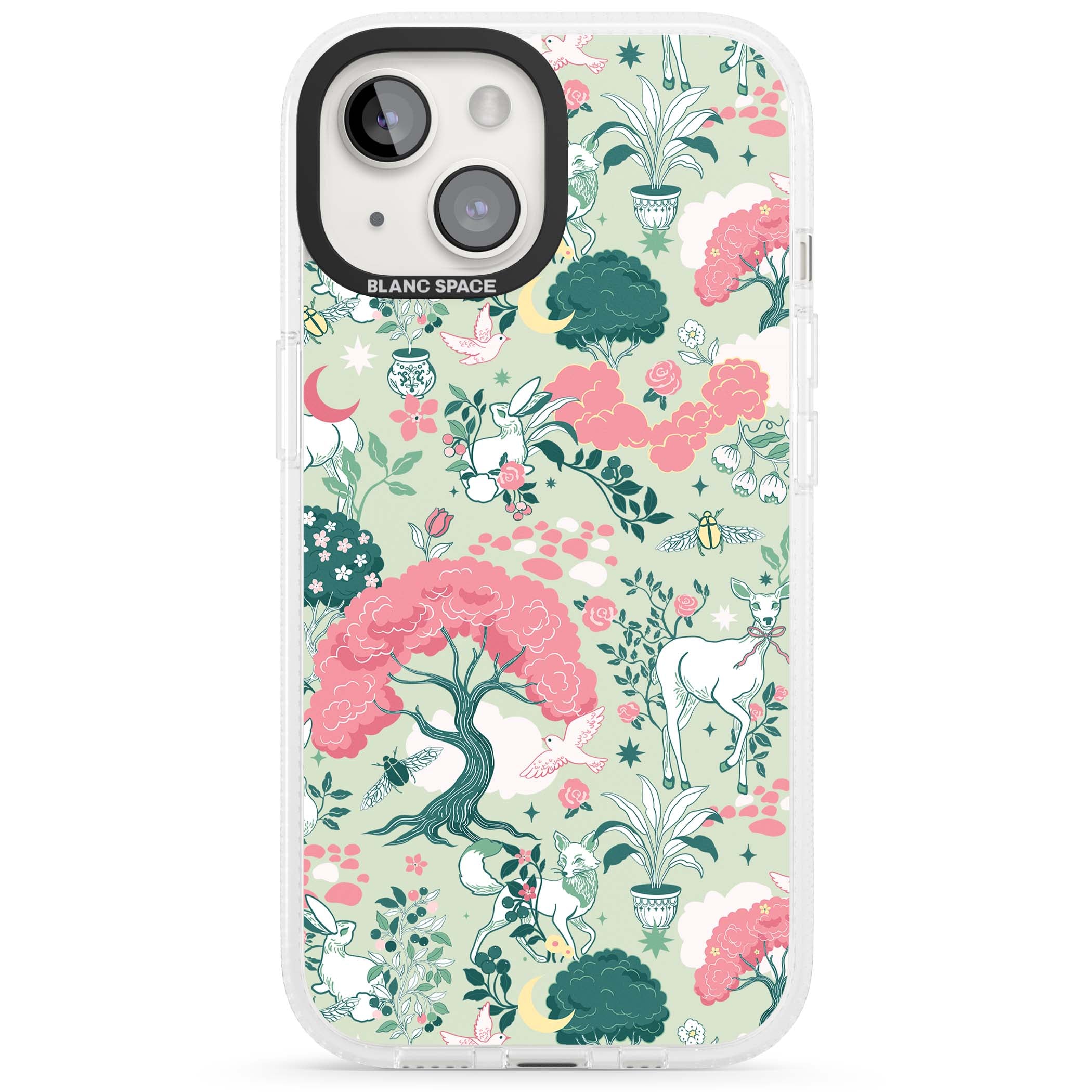 Enchanted Woodland cottagecore iPhone case featuring white deer, pink roses, mushrooms and woodland animals on sage green | Clear Case Impact Air case for iPhone 15, iPhone 15 Plus