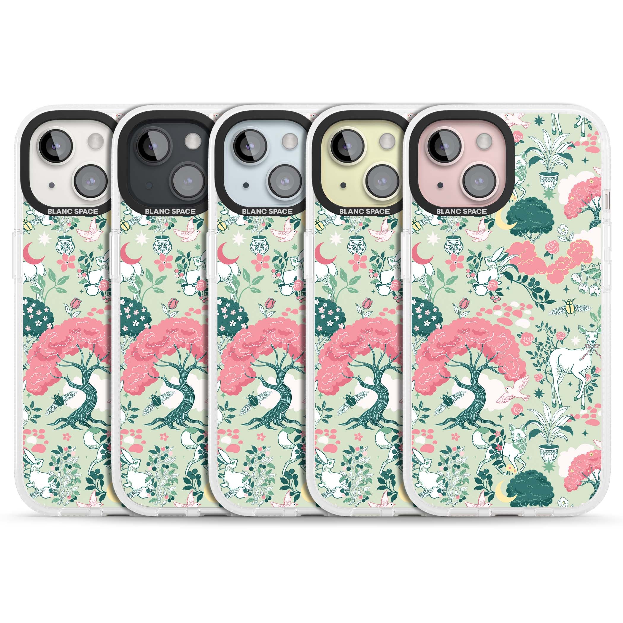 Enchanted Woodland cottagecore iPhone case featuring white deer, pink roses, mushrooms and woodland animals on sage green | Clear Case Impact Air case for iPhone 15, iPhone 15 Plus