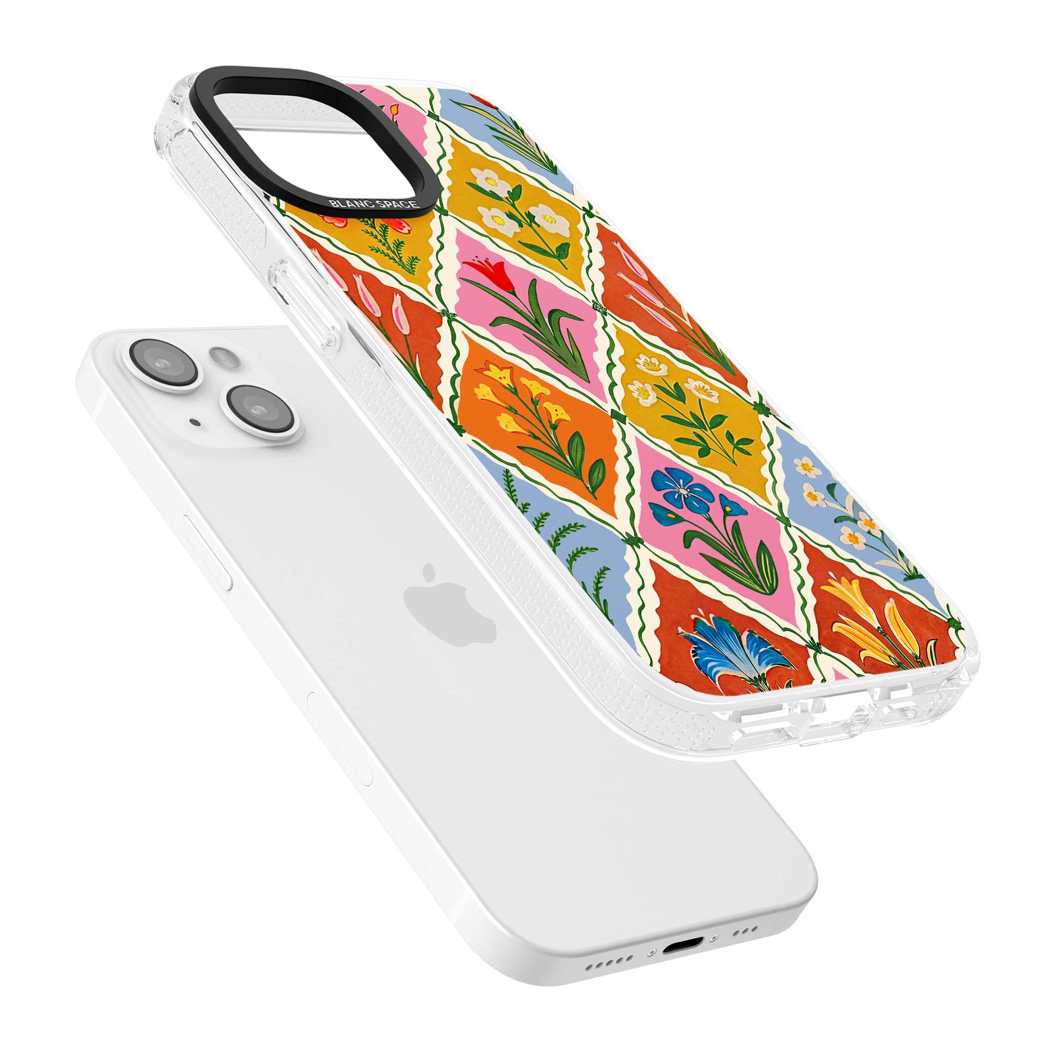 Floral Quilt boho floral iPhone case featuring diamond lattice pattern, hand-painted tulips and folk art wildflowers | Clear Case Impact Air case for iPhone 15, iPhone 15 Plus