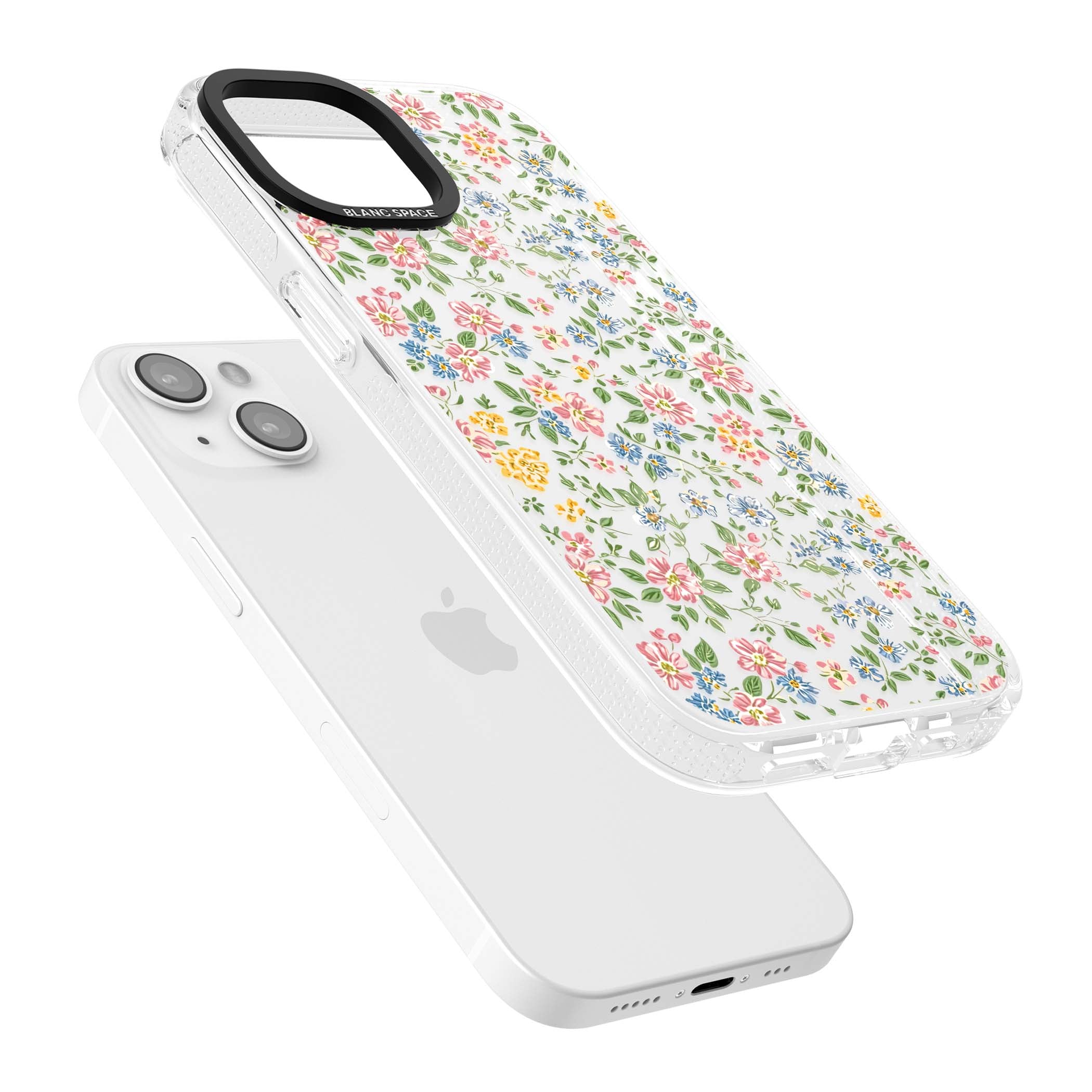 Soft Meadow cottagecore iPhone case featuring pink cosmos, blue forget-me-nots, yellow buttercups and green leaves sca | Clear Case Impact Air case for iPhone 15, iPhone 15 Plus