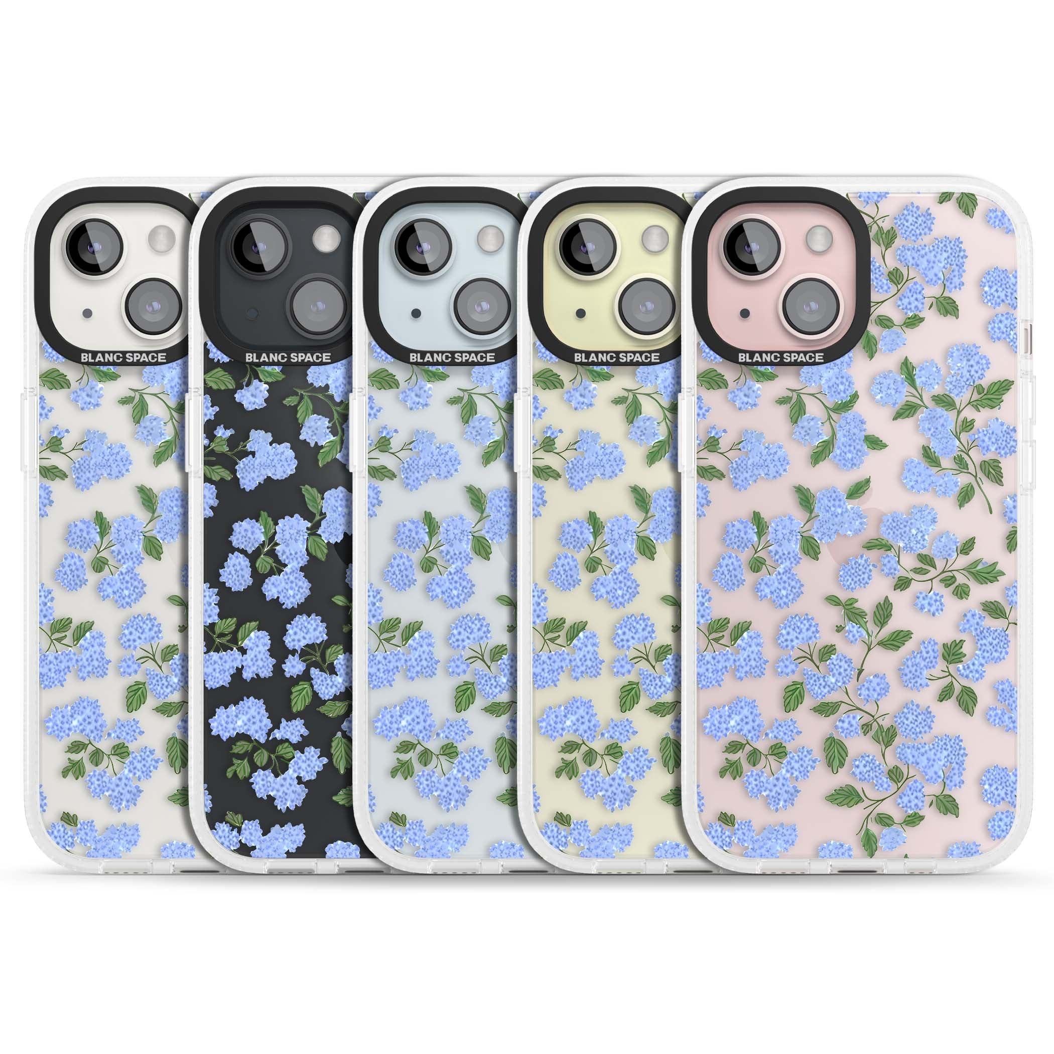 Hydrangea Dreams cottagecore iPhone case featuring soft blue hydrangea flower clusters and green leaves | Clear Case Impact Air case for iPhone 15, iPhone 15 Plus