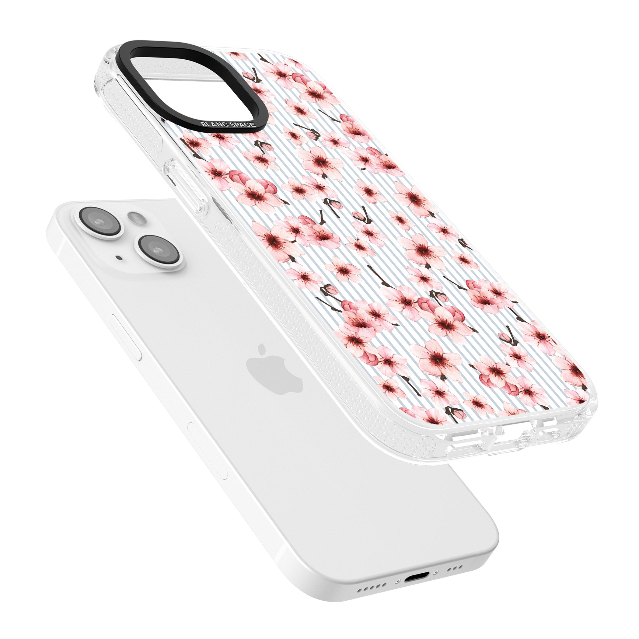 Cherry Blossoms on Blue Stripes Pattern iPhone 15 / 14 / 13 Clear Case Impact Air - Blanc Space