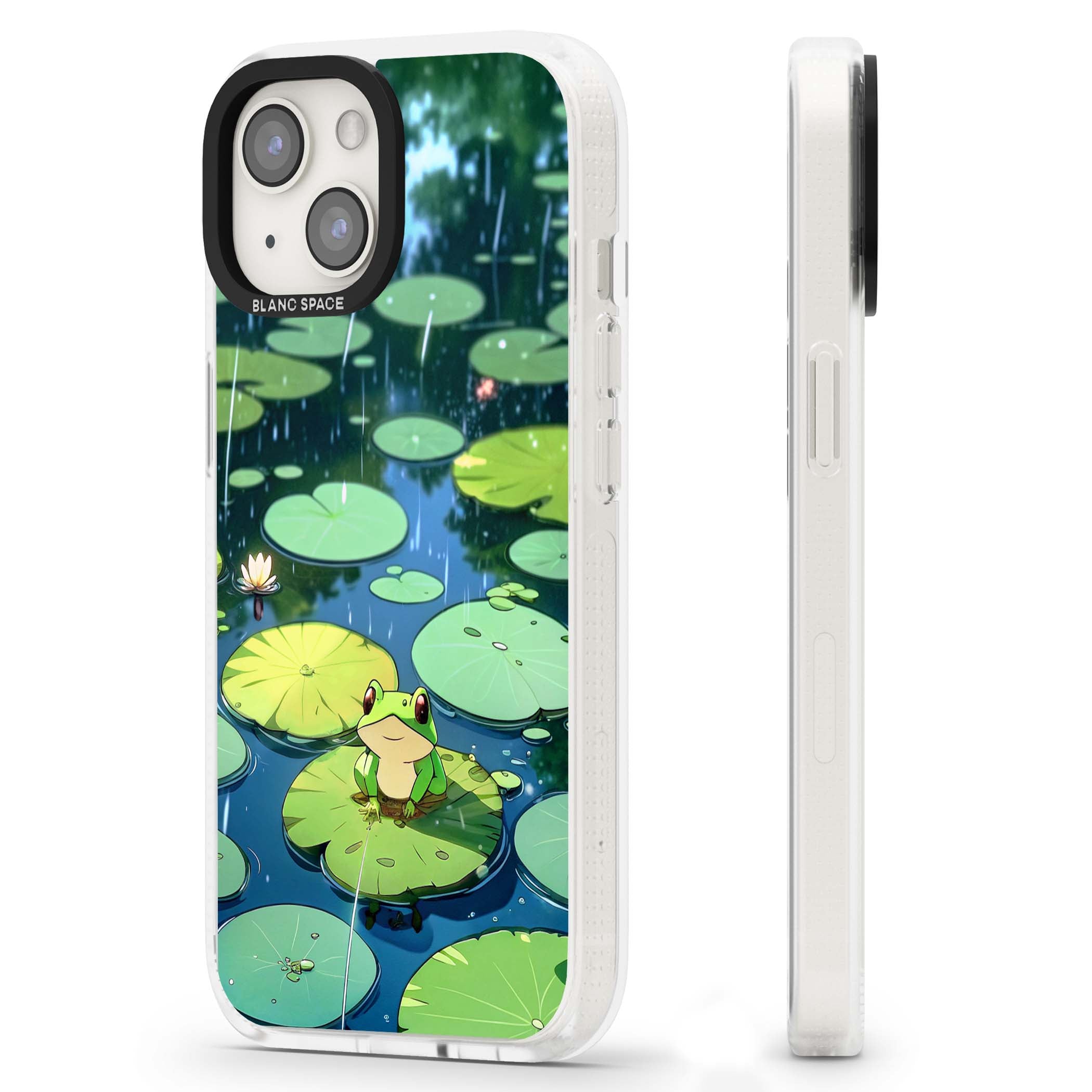 Frog In Lily Pond cottagecore iPhone case featuring a cute green frog on a lily pad with falling rain and a lotus flower | Clear Case Impact Air case for iPhone 15, iPhone 15 Plus