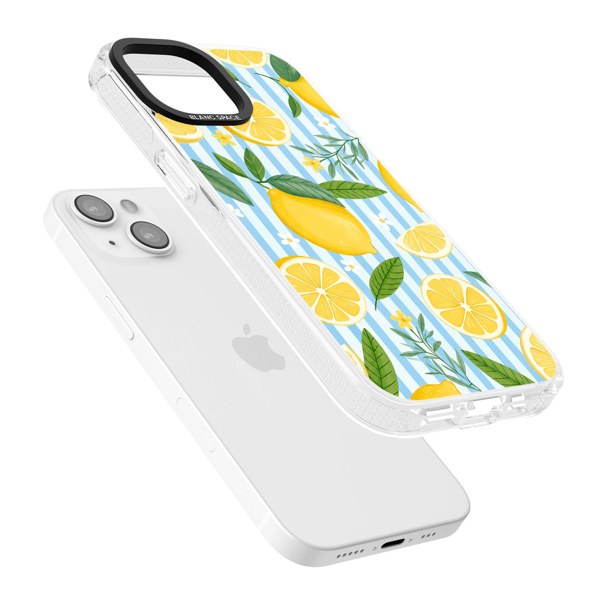 Capri Citrus Stripe coastal iPhone case featuring yellow lemons, blue stripes, and white daisy blossoms | Clear Case Impact Air case for iPhone 15, iPhone 15 Plus