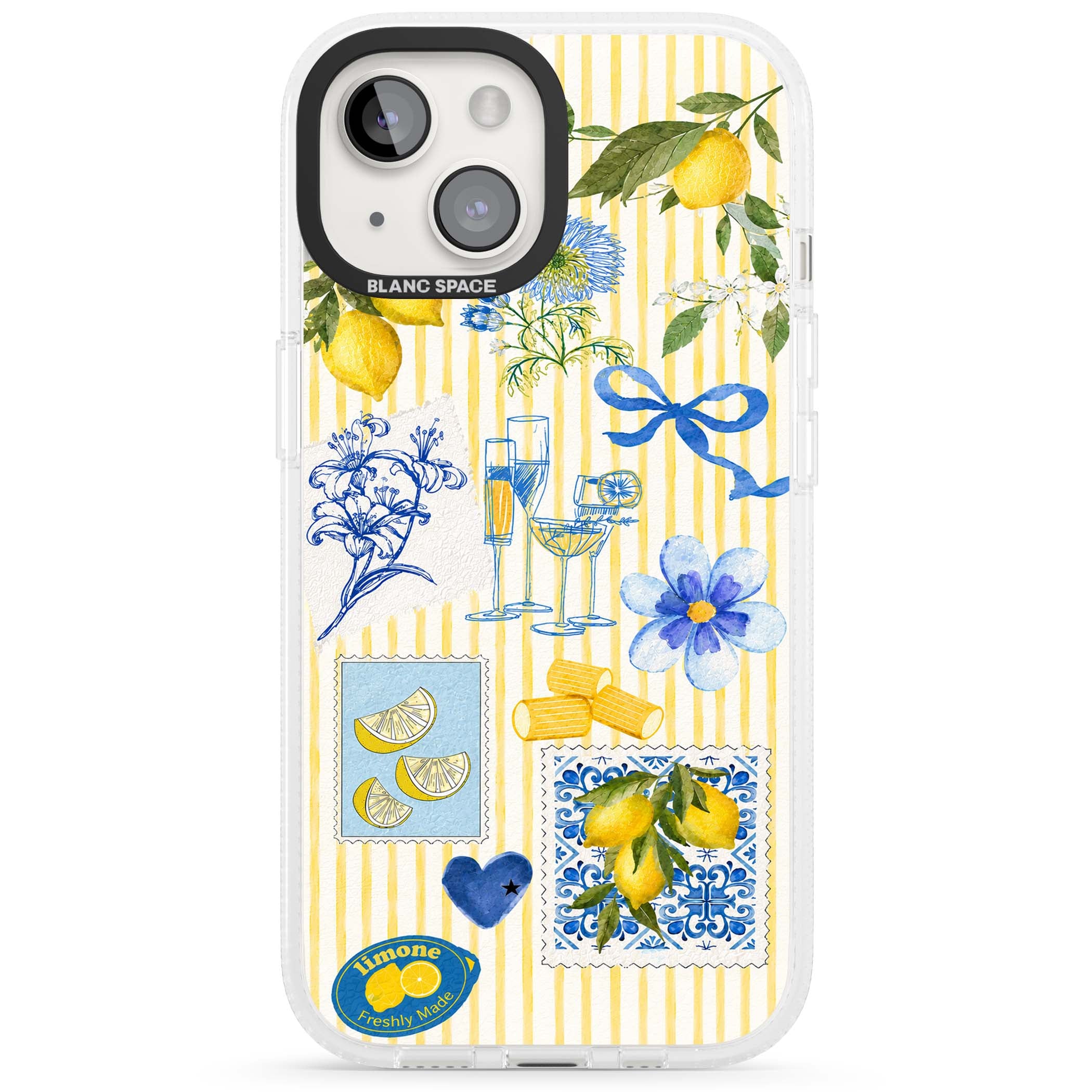 Limone Riviera Italian summer iPhone case featuring watercolour lemons, blue ribbon bows and majolica tile stamps on... | Clear Case Impact Air case for iPhone 15, iPhone 15 Plus