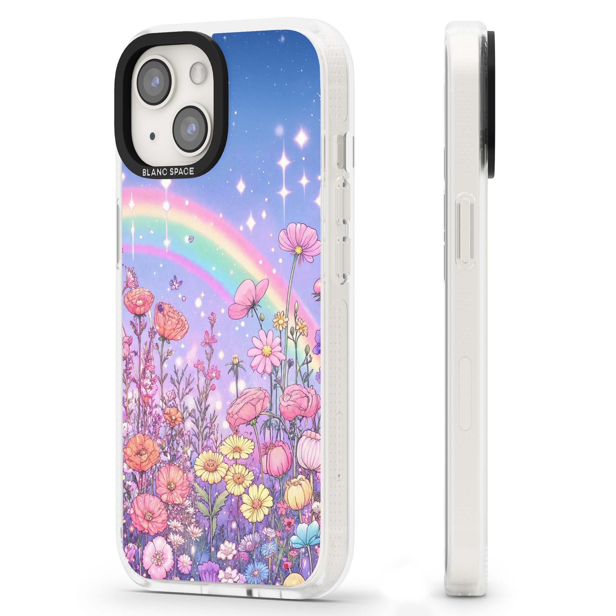 Magical Meadow fairycore iPhone case featuring a pastel rainbow, sparkling stars and a wildflower meadow | Clear Case Impact Air case for iPhone 15, iPhone 15 Plus