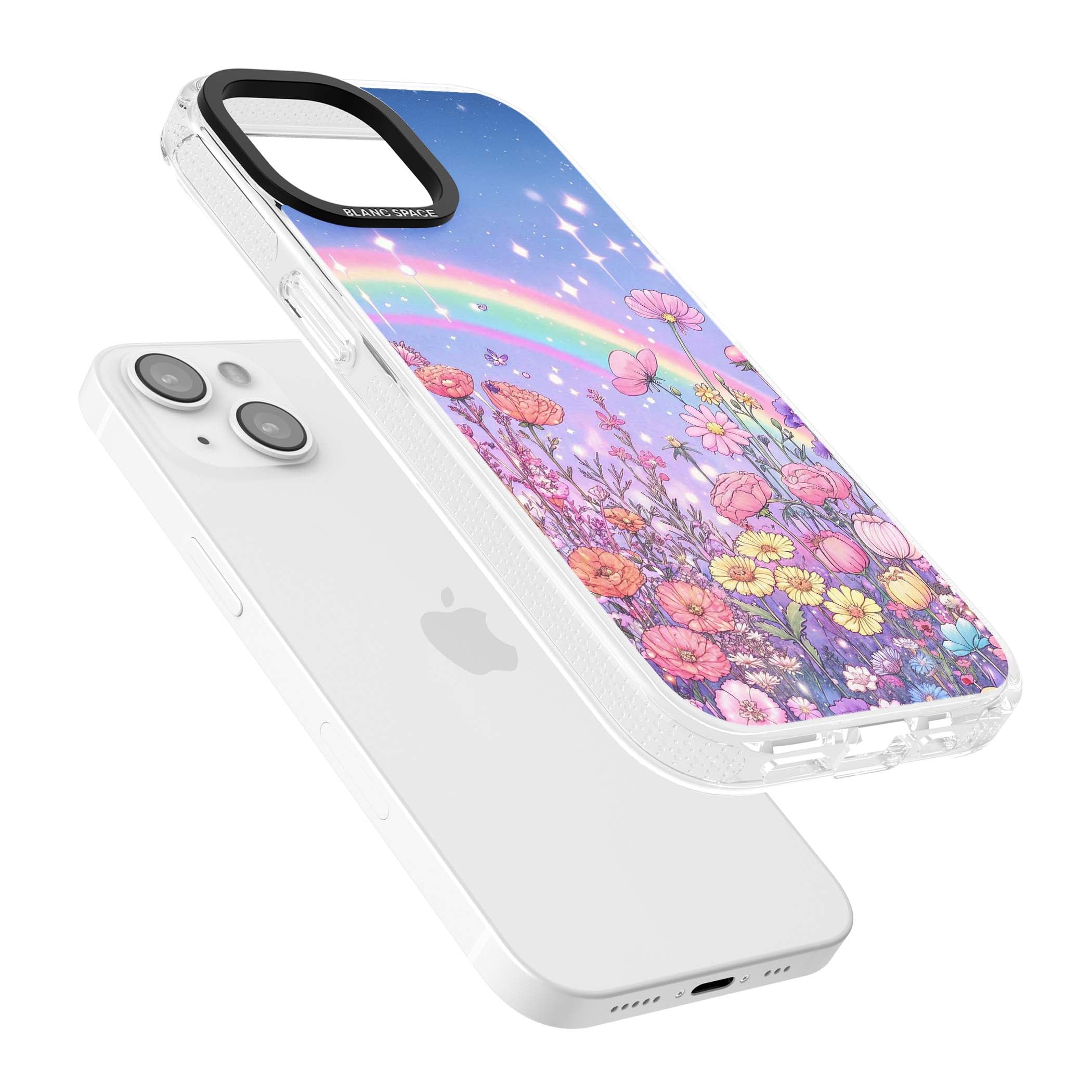 Magical Meadow fairycore iPhone case featuring a pastel rainbow, sparkling stars and a wildflower meadow | Clear Case Impact Air case for iPhone 15, iPhone 15 Plus