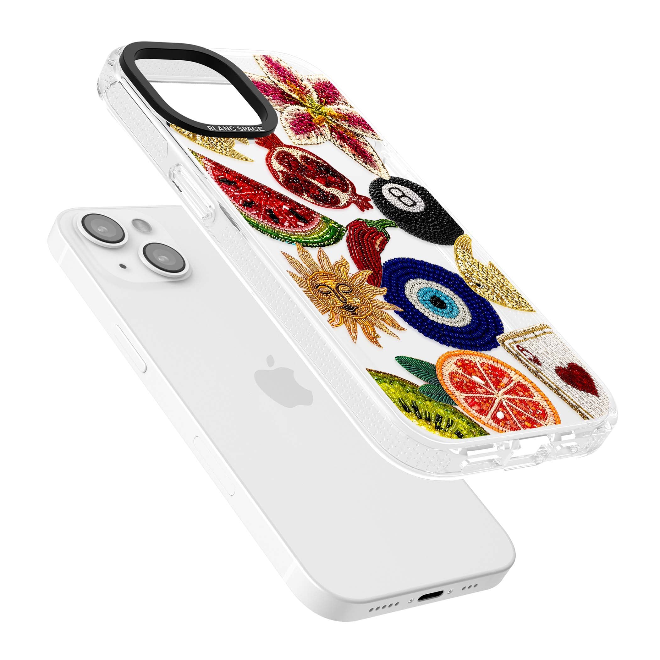 Beaded Charms embroidery iPhone case featuring beaded evil eye, fruit patches and a golden sun motif | Clear Case Impact Air case for iPhone 15, iPhone 15 Plus