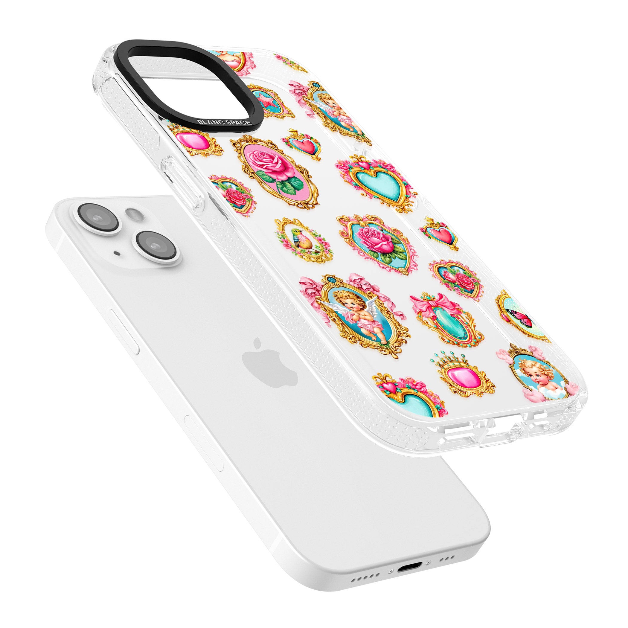 Angelcore Hearts & Frames iPhone 15 / 14 / 13 Clear Case Impact Air - Blanc Space