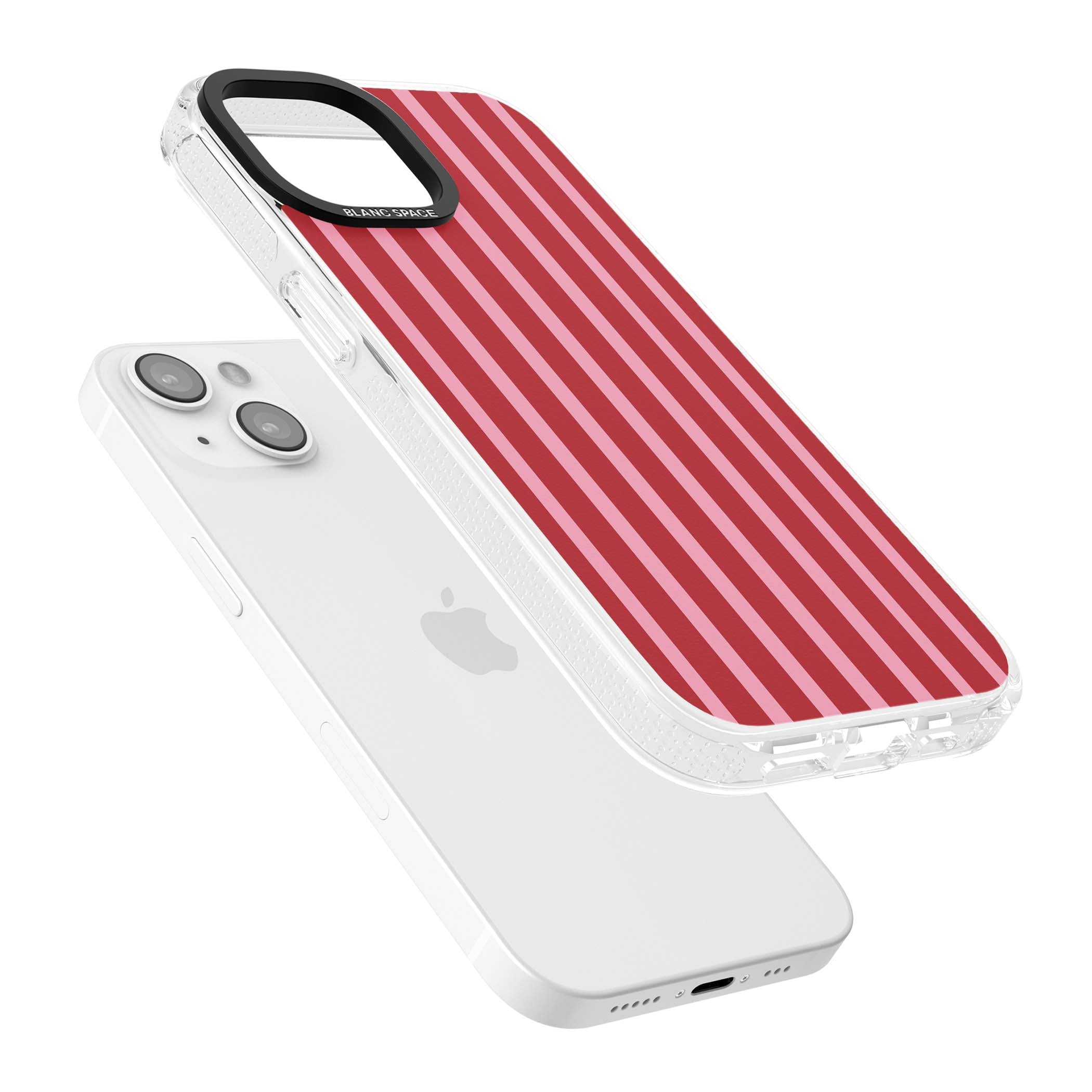 Raspberry Stripe coquette iPhone case featuring red and pink vertical stripes in a candy-inspired pattern | Clear Case Impact Air case for iPhone 15, iPhone 15 Plus