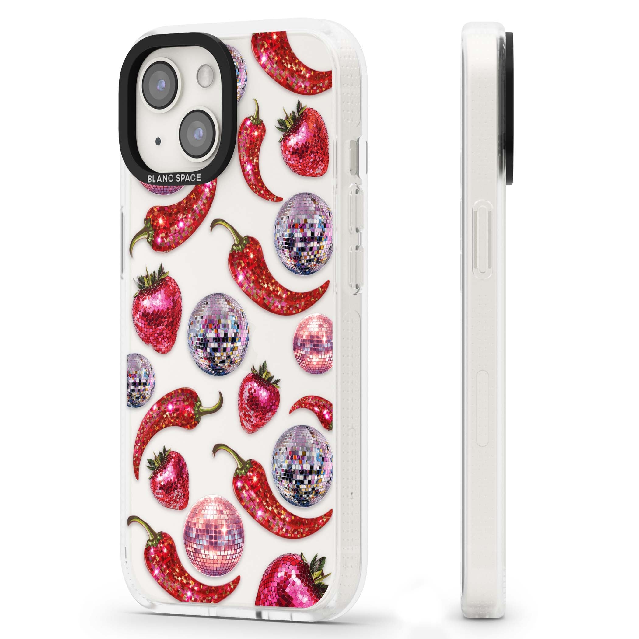 Spicy Disco Y2K iPhone case featuring glitter disco balls, sparkly strawberries and red chilli peppers | Clear Case Impact Air case for iPhone 15, iPhone 15 Plus