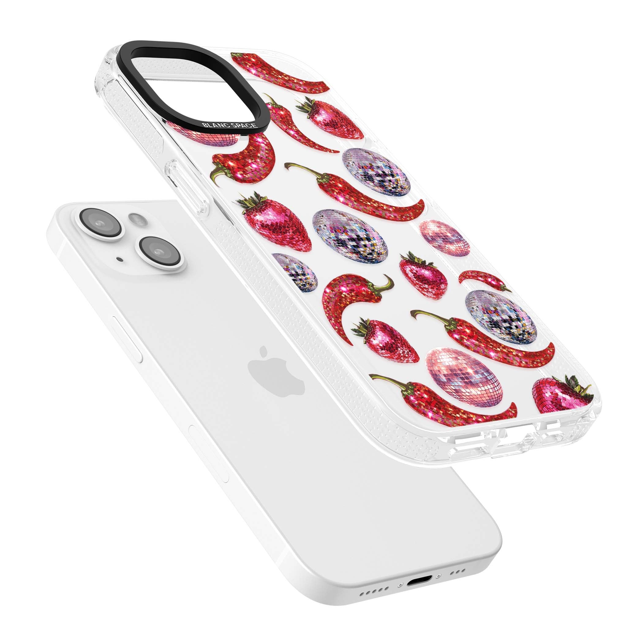 Spicy Disco Y2K iPhone case featuring glitter disco balls, sparkly strawberries and red chilli peppers | Clear Case Impact Air case for iPhone 15, iPhone 15 Plus