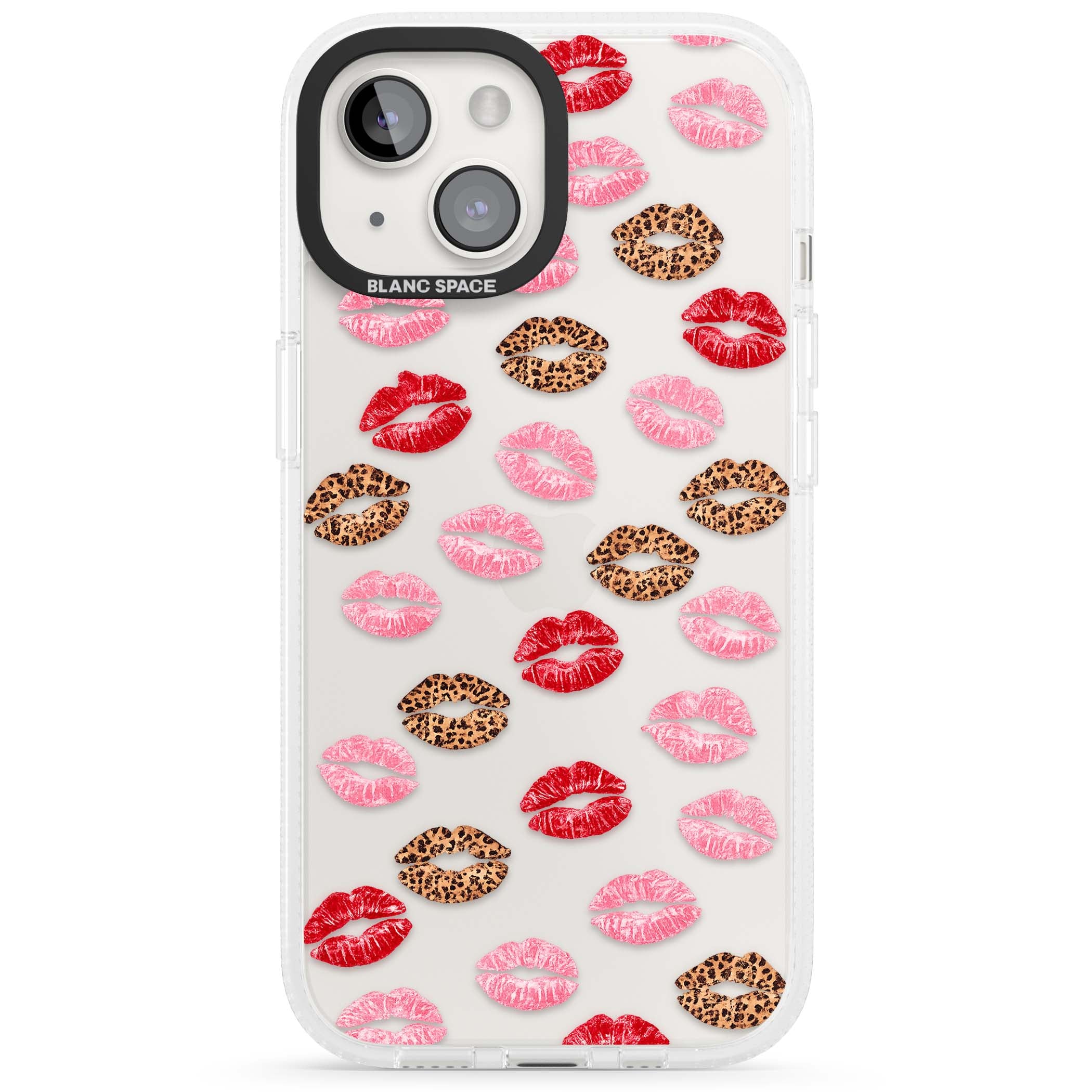 Wild Kisses coquette iPhone case featuring red, pink and leopard print lipstick kiss marks on a clear background | Clear Case Impact Air case for iPhone 15, iPhone 15 Plus