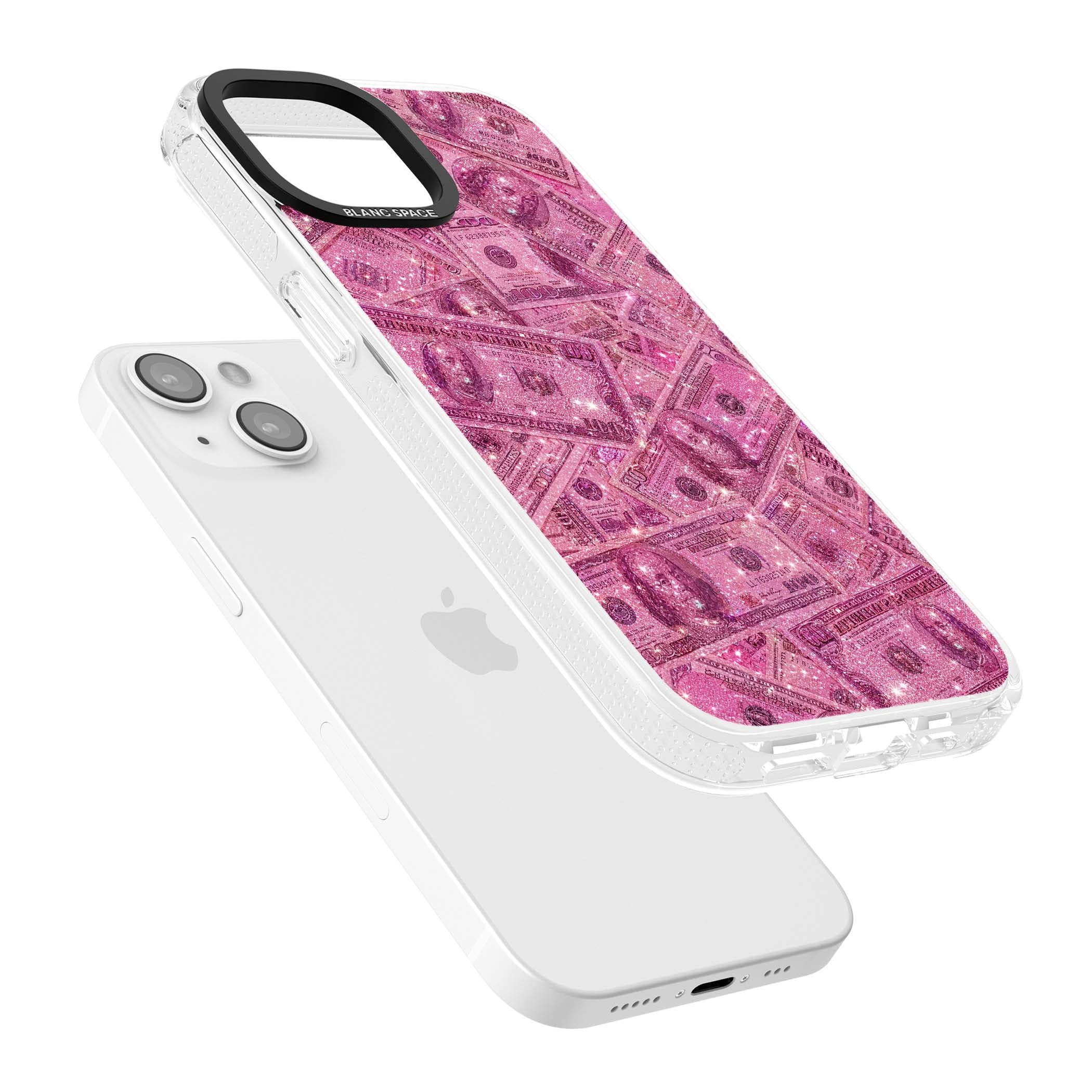 Glamorous baddie iPhone case featuring pink glitter hundred dollar bills and sparkling money wallpaper design | Clear Case Impact Air case for iPhone 15, iPhone 15 Plus