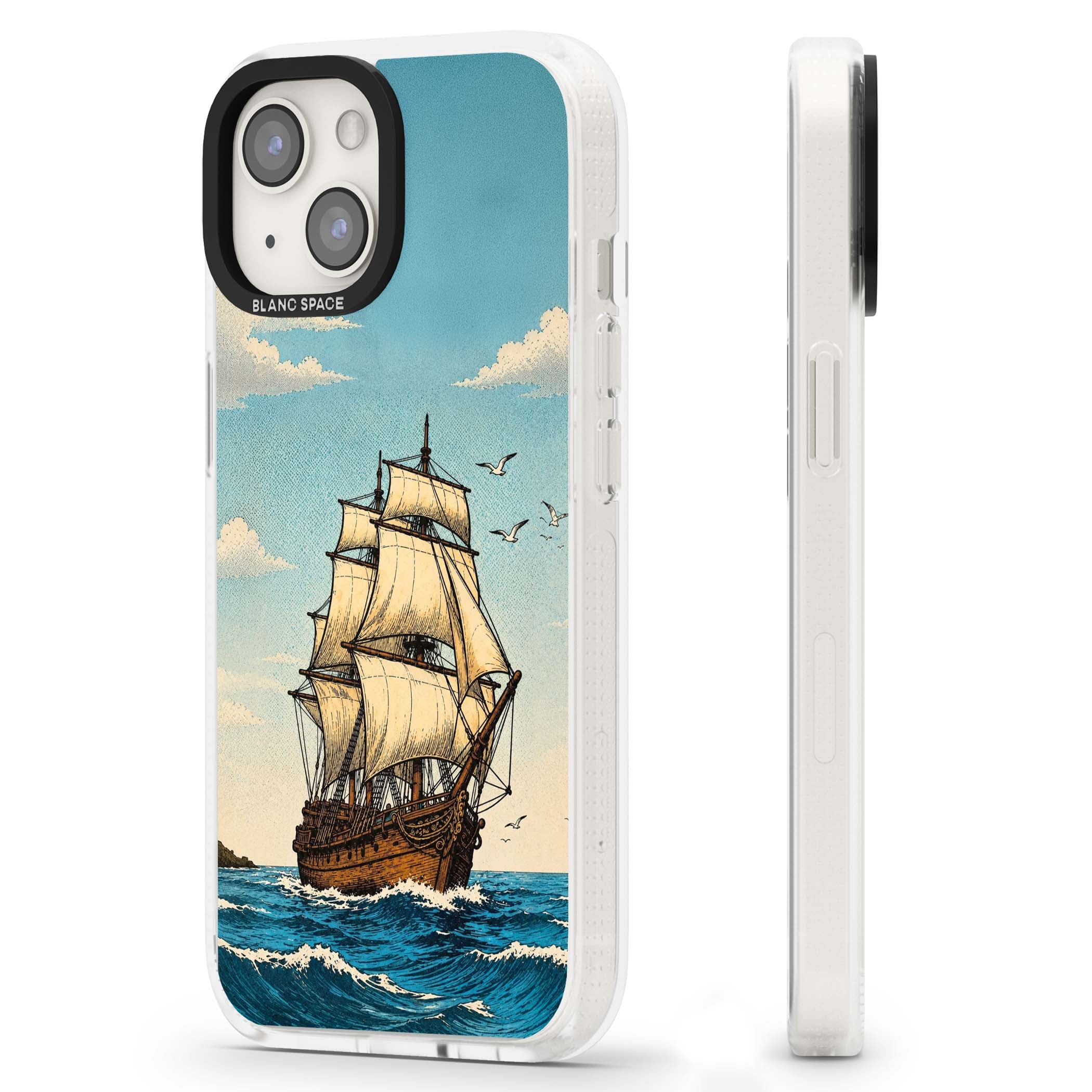 Ship at Sea nautical iPhone case featuring a vintage tall ship, ocean waves and seagulls | Clear Case Impact Air case for iPhone 15, iPhone 15 Plus