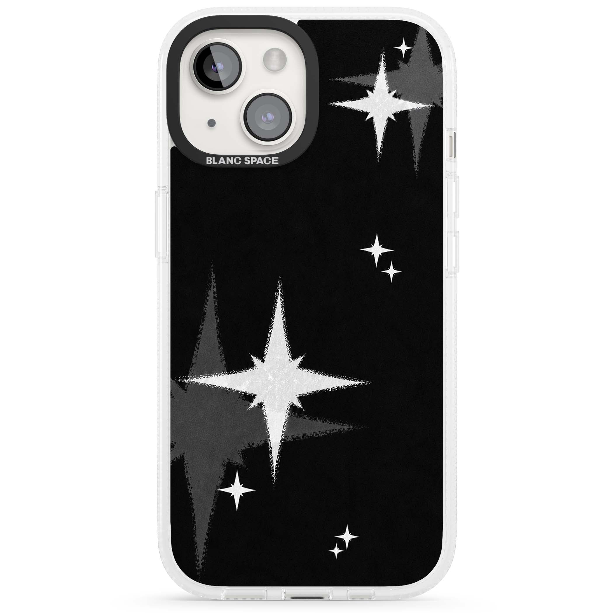 Black Sparkle celestial iPhone case featuring white sparkle stars on a black night sky background | Clear Case Impact Air case for iPhone 15, iPhone 15 Plus