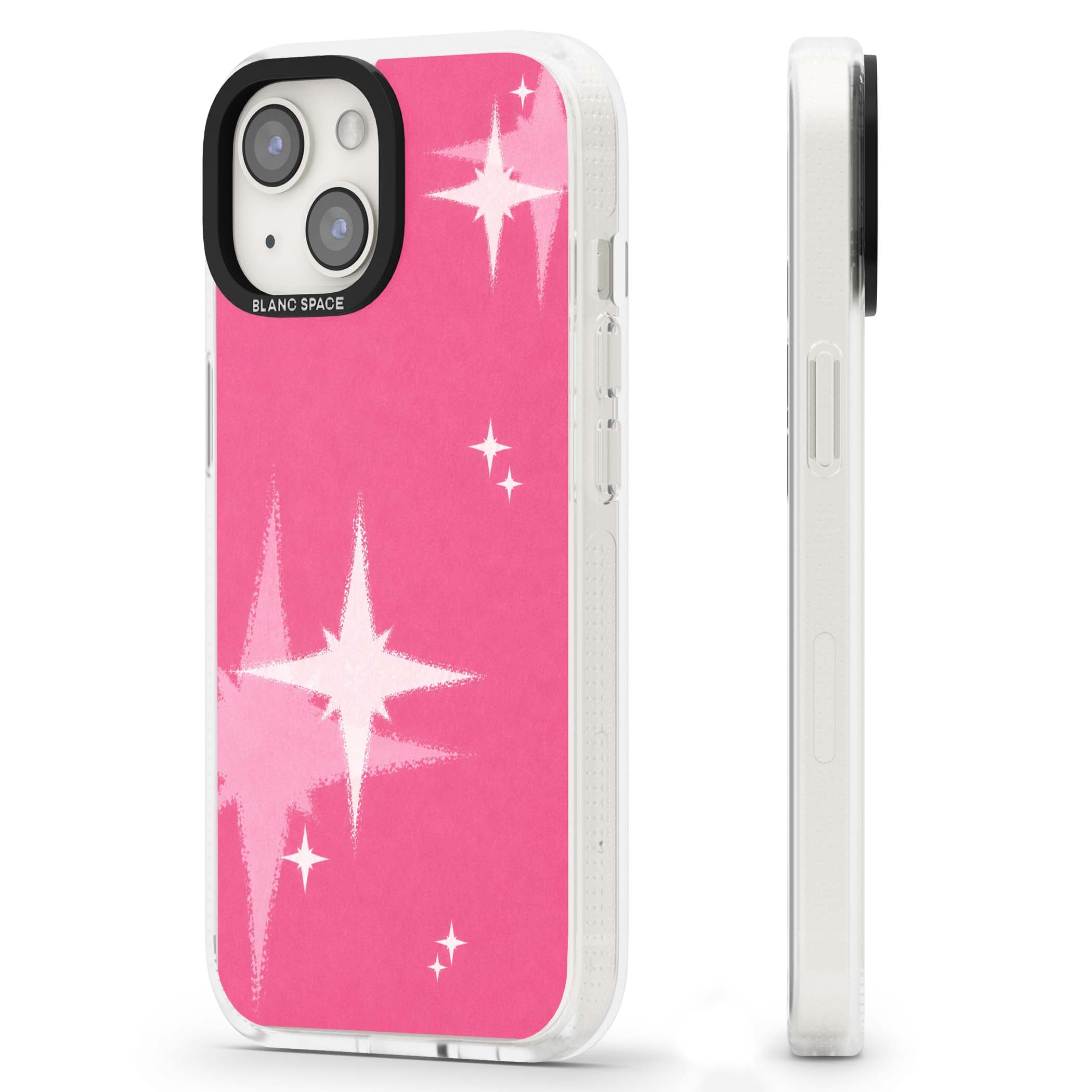 Pink Sparkle Y2K iPhone case featuring hot pink background with shimmering white starburst pattern | Clear Case Impact Air case for iPhone 15, iPhone 15 Plus