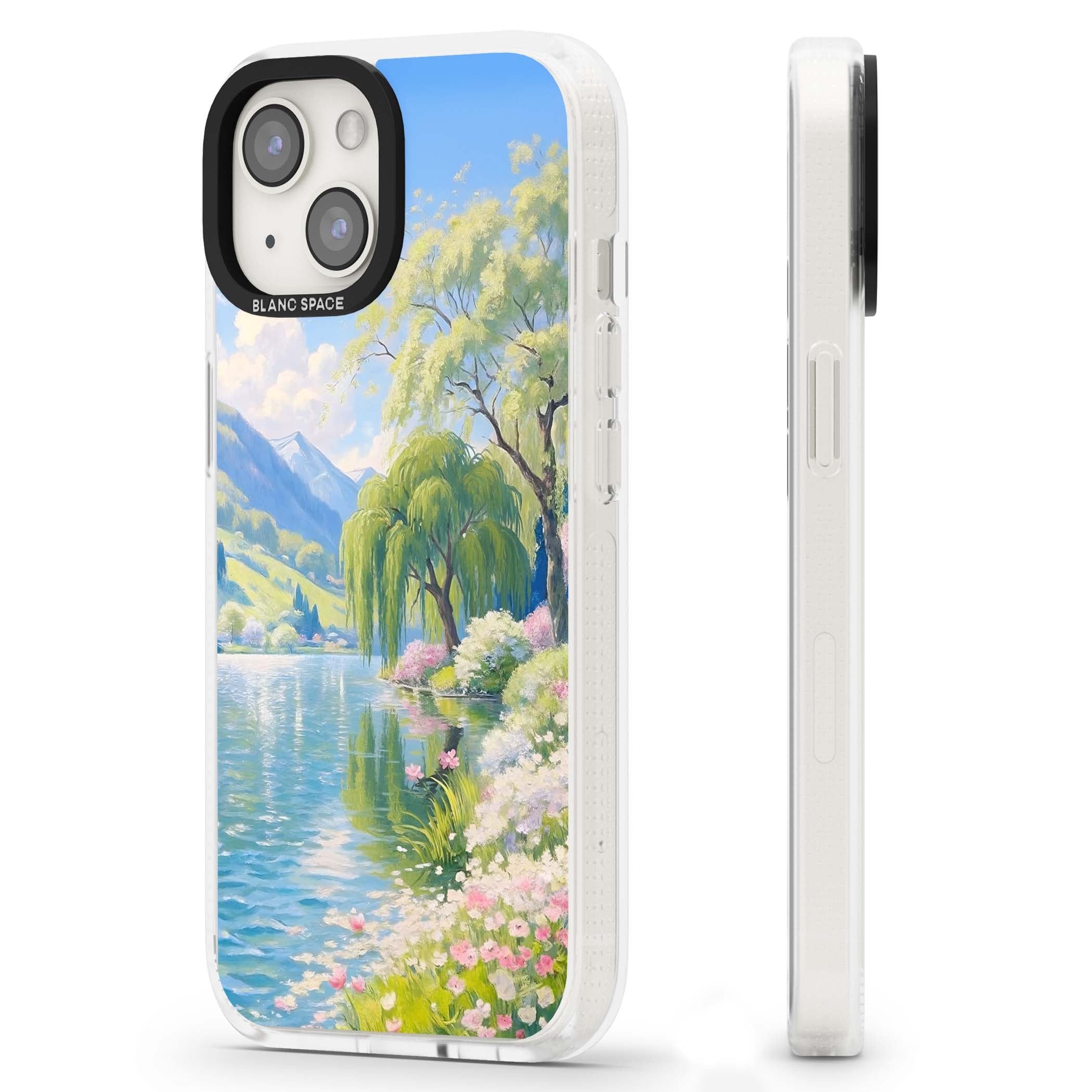 Willow Lake cottagecore iPhone case featuring a painted lakeside with weeping willow, blossoms and distant mountains | Clear Case Impact Air case for iPhone 15, iPhone 15 Plus