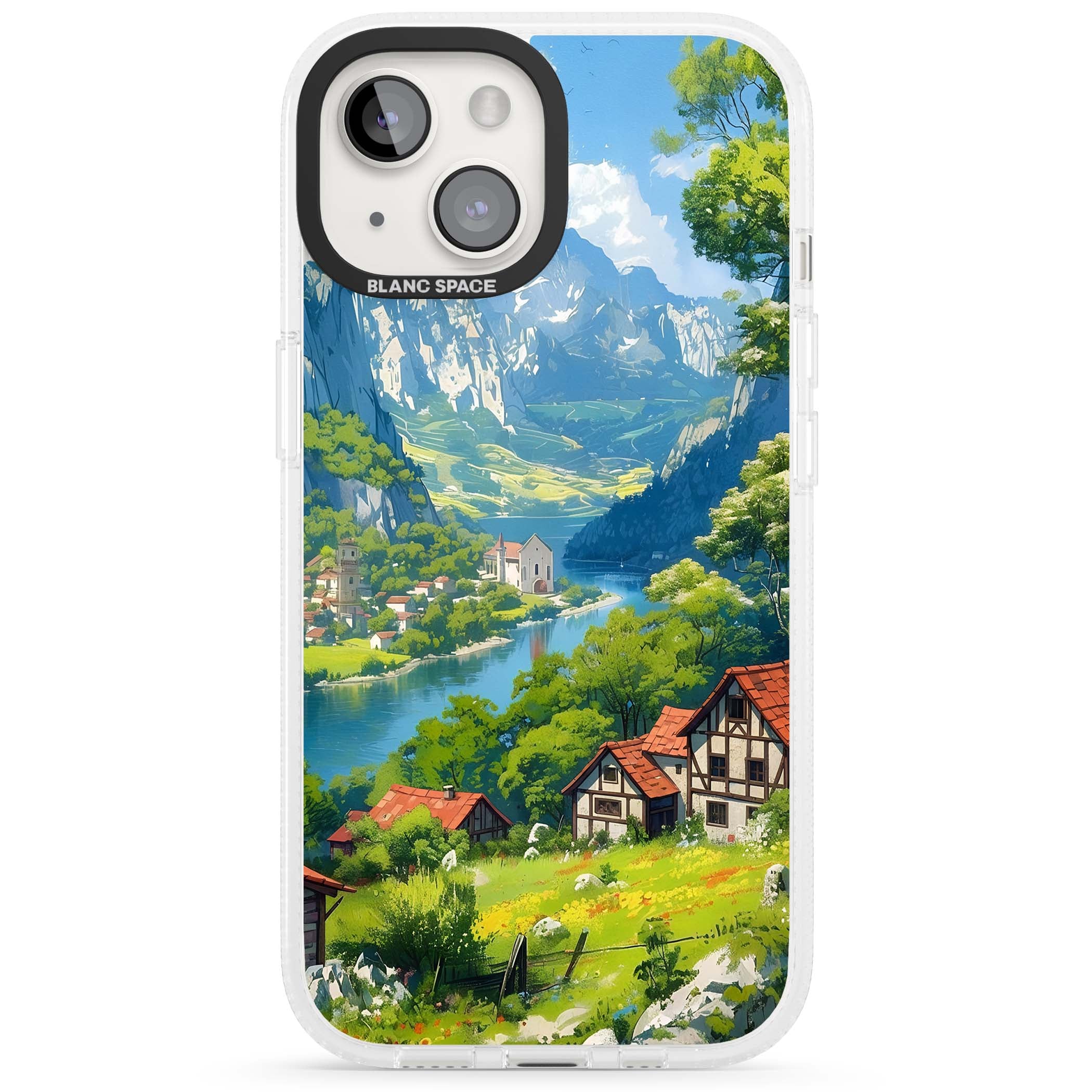 Village In The Valley anime iPhone case featuring a painted mountain village, river valley and half-timbered cottages. | Clear Case Impact Air case for iPhone 15, iPhone 15 Plus
