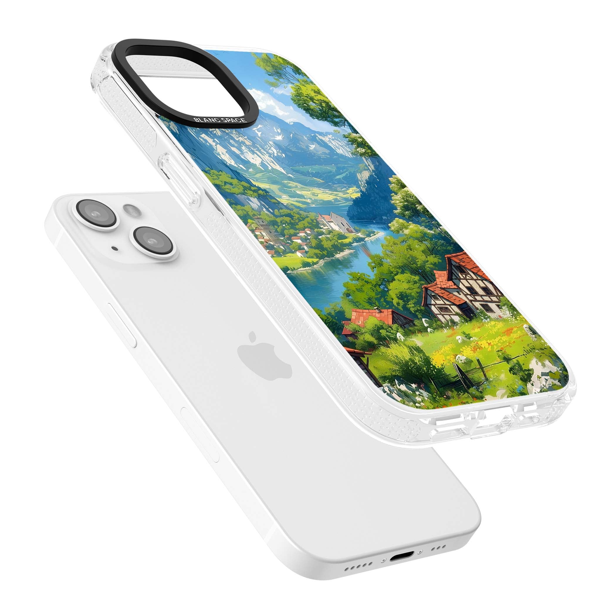 Village In The Valley anime iPhone case featuring a painted mountain village, river valley and half-timbered cottages. | Clear Case Impact Air case for iPhone 15, iPhone 15 Plus