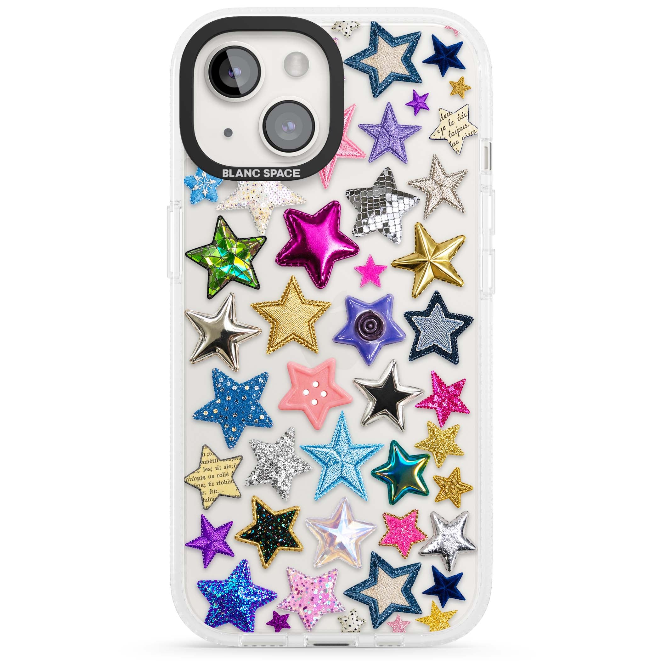 Crafty Star Mix Y2K iPhone case featuring embroidered, sequinned and glitter star patches in rainbow colours | Clear Case Impact Air case for iPhone 15, iPhone 15 Plus