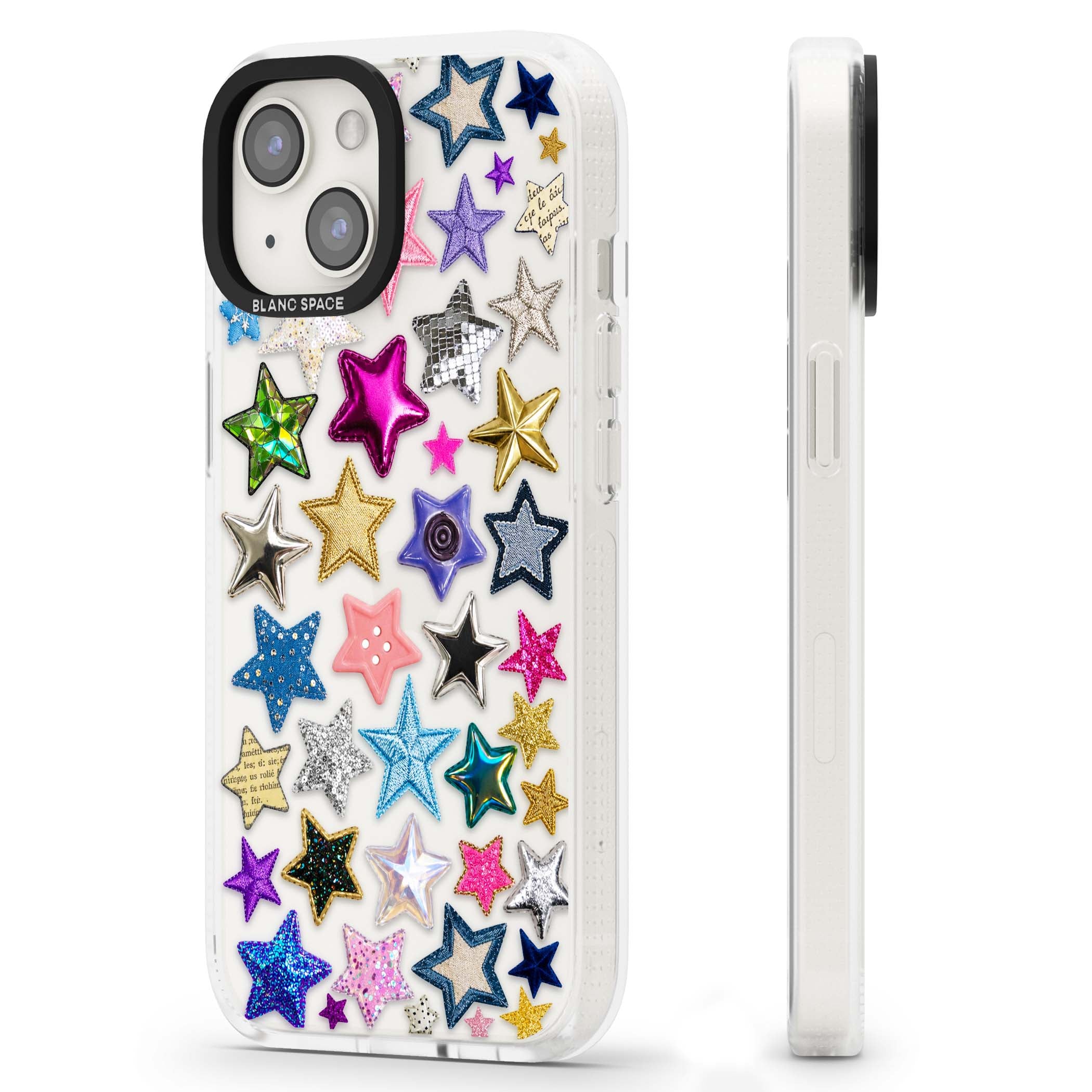 Crafty Star Mix Y2K iPhone case featuring embroidered, sequinned and glitter star patches in rainbow colours | Clear Case Impact Air case for iPhone 15, iPhone 15 Plus