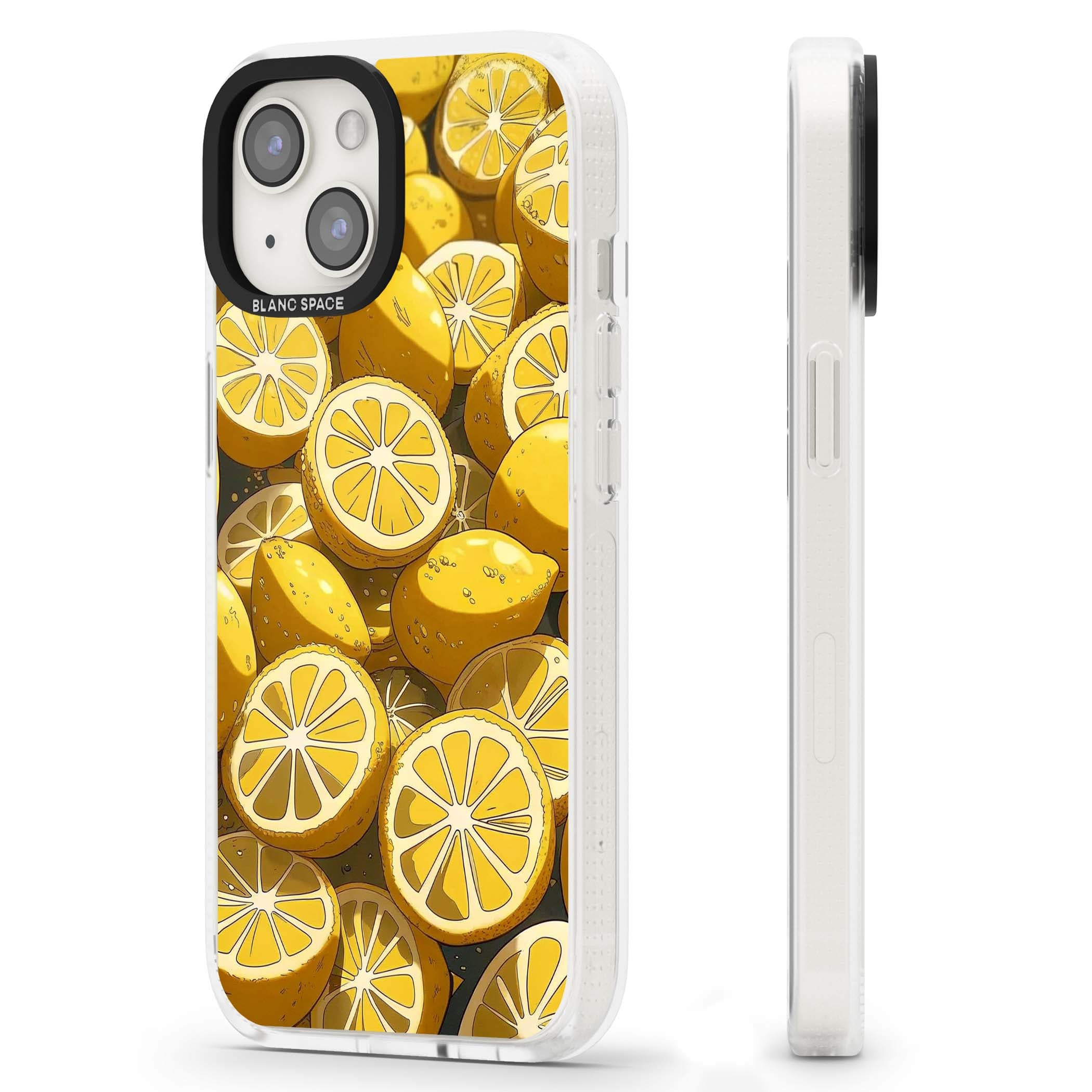 Zesty coastal iPhone case featuring illustrated Mediterranean lemons and citrus slices in golden yellow | Clear Case Impact Air case for iPhone 15, iPhone 15 Plus