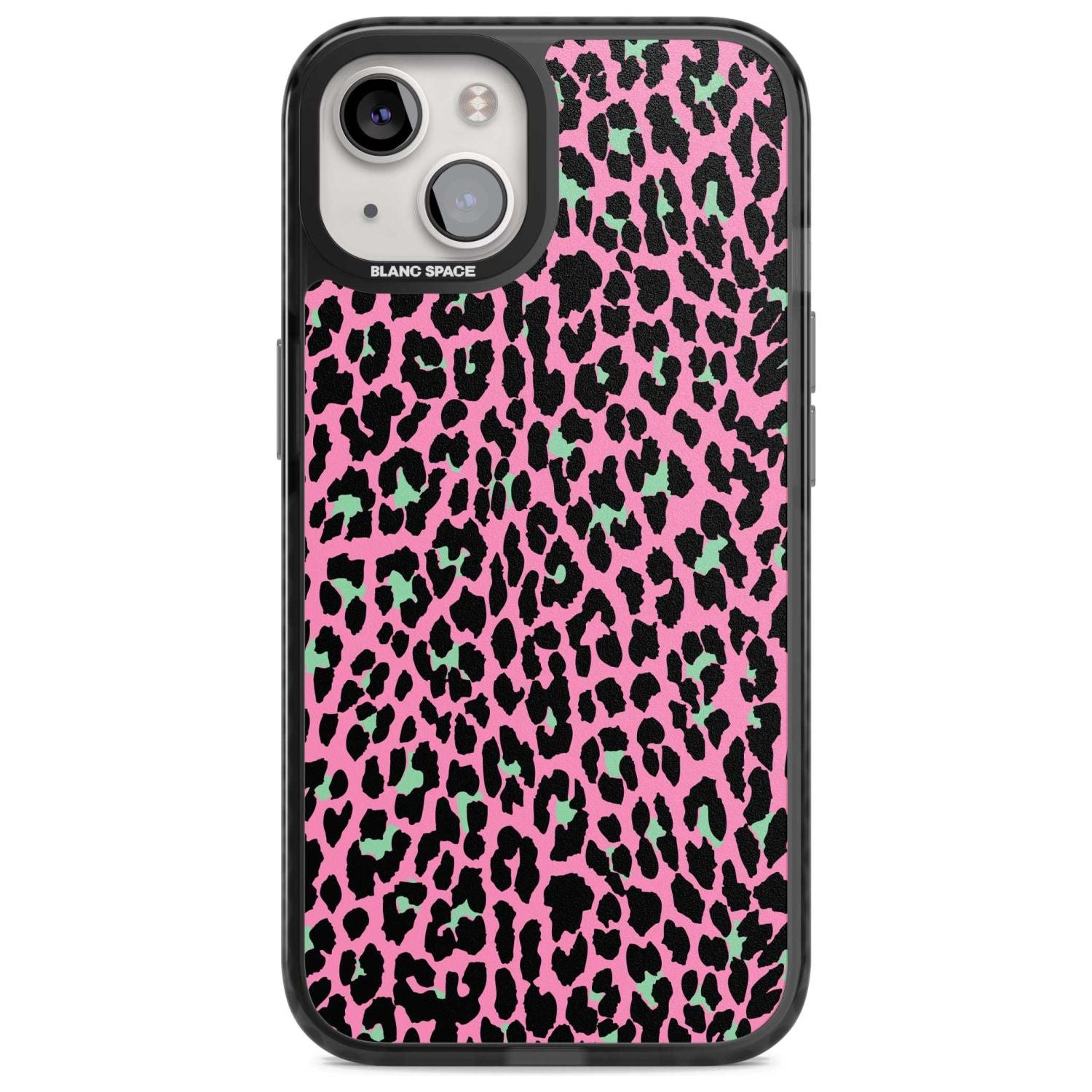Green on Pink Leopard Print Pattern Phone Case iPhone 15 Plus / Magsafe Black Impact Case,iPhone 15 / Magsafe Black Impact Case,iPhone 14 Plus / Magsafe Black Impact Case,iPhone 14 / Magsafe Black Impact Case,iPhone 13 / Magsafe Black Impact Case Blanc Space