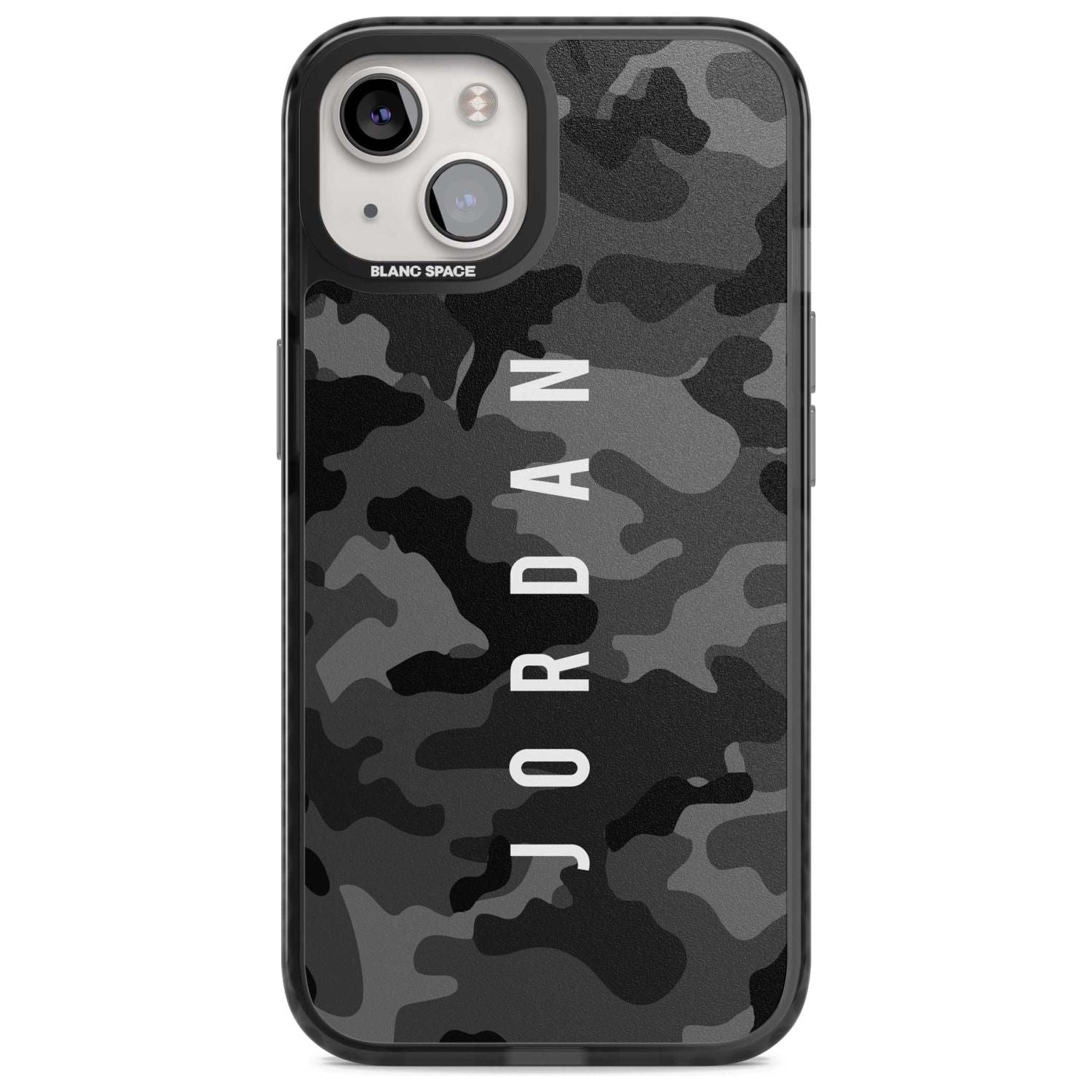 Personalised Small Vertical Name Black Camouflage Custom Phone Case iPhone 15 Plus / Magsafe Black Impact Case,iPhone 15 / Magsafe Black Impact Case,iPhone 14 Plus / Magsafe Black Impact Case,iPhone 14 / Magsafe Black Impact Case,iPhone 13 / Magsafe Black Impact Case Blanc Space