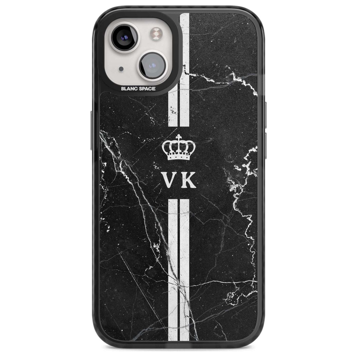 Personalised Stripes + Initials with Crown on Black Marble Custom Phone Case iPhone 15 Plus / Magsafe Black Impact Case,iPhone 15 / Magsafe Black Impact Case,iPhone 14 Plus / Magsafe Black Impact Case,iPhone 14 / Magsafe Black Impact Case,iPhone 13 / Magsafe Black Impact Case Blanc Space