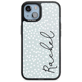 Personalised Vertical Cursive & Dots Custom Phone Case iPhone 15 Plus / Magsafe Black Impact Case,iPhone 15 / Magsafe Black Impact Case,iPhone 14 Plus / Magsafe Black Impact Case,iPhone 14 / Magsafe Black Impact Case,iPhone 13 / Magsafe Black Impact Case Blanc Space