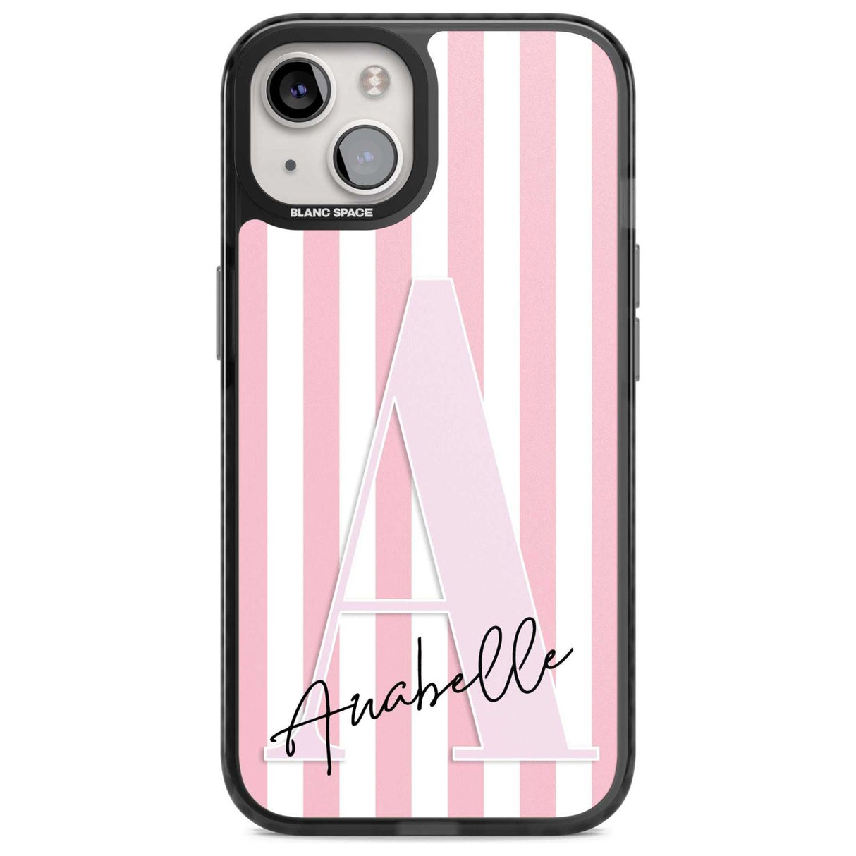 Personalised Pink Stripes & Large Monogram Custom Phone Case iPhone 15 Plus / Magsafe Black Impact Case,iPhone 15 / Magsafe Black Impact Case,iPhone 14 Plus / Magsafe Black Impact Case,iPhone 14 / Magsafe Black Impact Case,iPhone 13 / Magsafe Black Impact Case Blanc Space