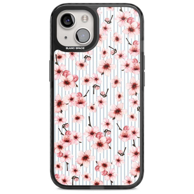 Cherry Blossoms on Blue Stripes Pattern Phone Case iPhone 15 Plus / Magsafe Black Impact Case,iPhone 15 / Magsafe Black Impact Case,iPhone 14 Plus / Magsafe Black Impact Case,iPhone 14 / Magsafe Black Impact Case,iPhone 13 / Magsafe Black Impact Case Blanc Space