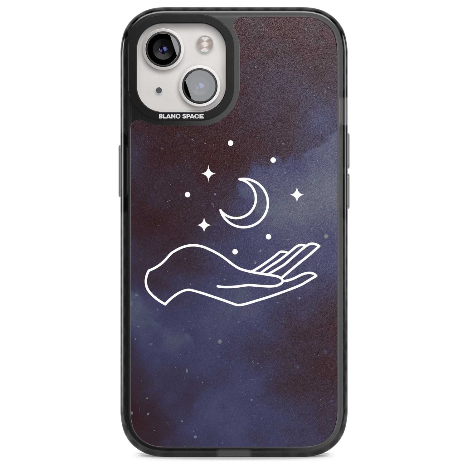 Floating Moon Above Hand Phone Case iPhone 15 Plus / Magsafe Black Impact Case,iPhone 15 / Magsafe Black Impact Case,iPhone 14 Plus / Magsafe Black Impact Case,iPhone 14 / Magsafe Black Impact Case,iPhone 13 / Magsafe Black Impact Case Blanc Space