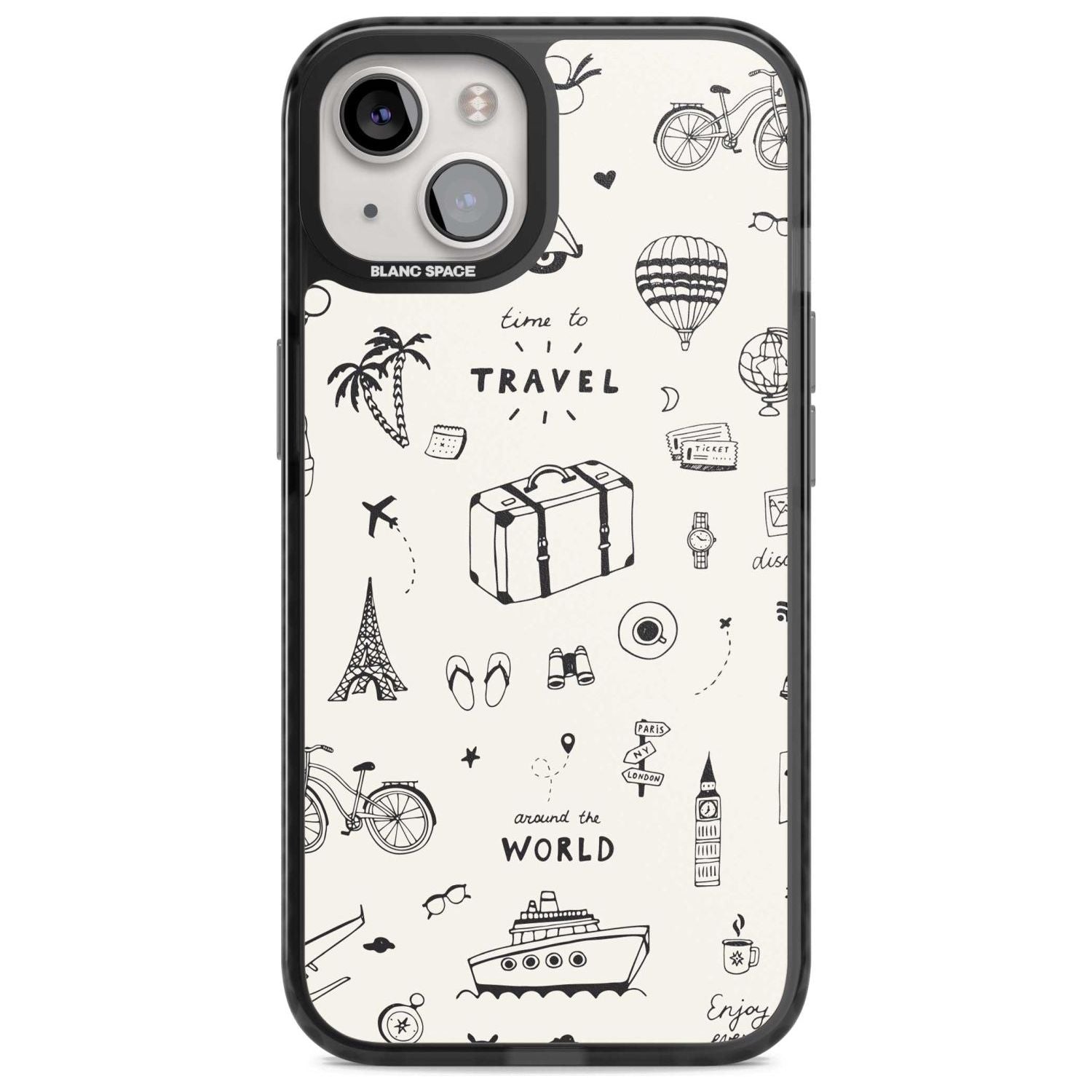 Cute Travel Pattern, White on Phone Case iPhone 15 / Magsafe Black Impact Case,iPhone 15 Plus / Magsafe Black Impact Case,iPhone 13 / Magsafe Black Impact Case,iPhone 14 / Magsafe Black Impact Case,iPhone 14 Plus / Magsafe Black Impact Case Blanc Space