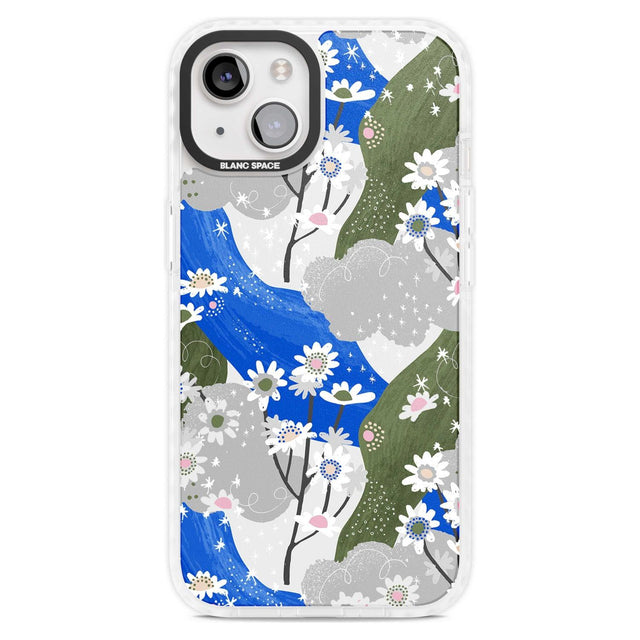 Blue & Grey Daisies Pattern Phone Case iPhone 15 Plus / Magsafe Impact Case,iPhone 15 / Magsafe Impact Case Blanc Space