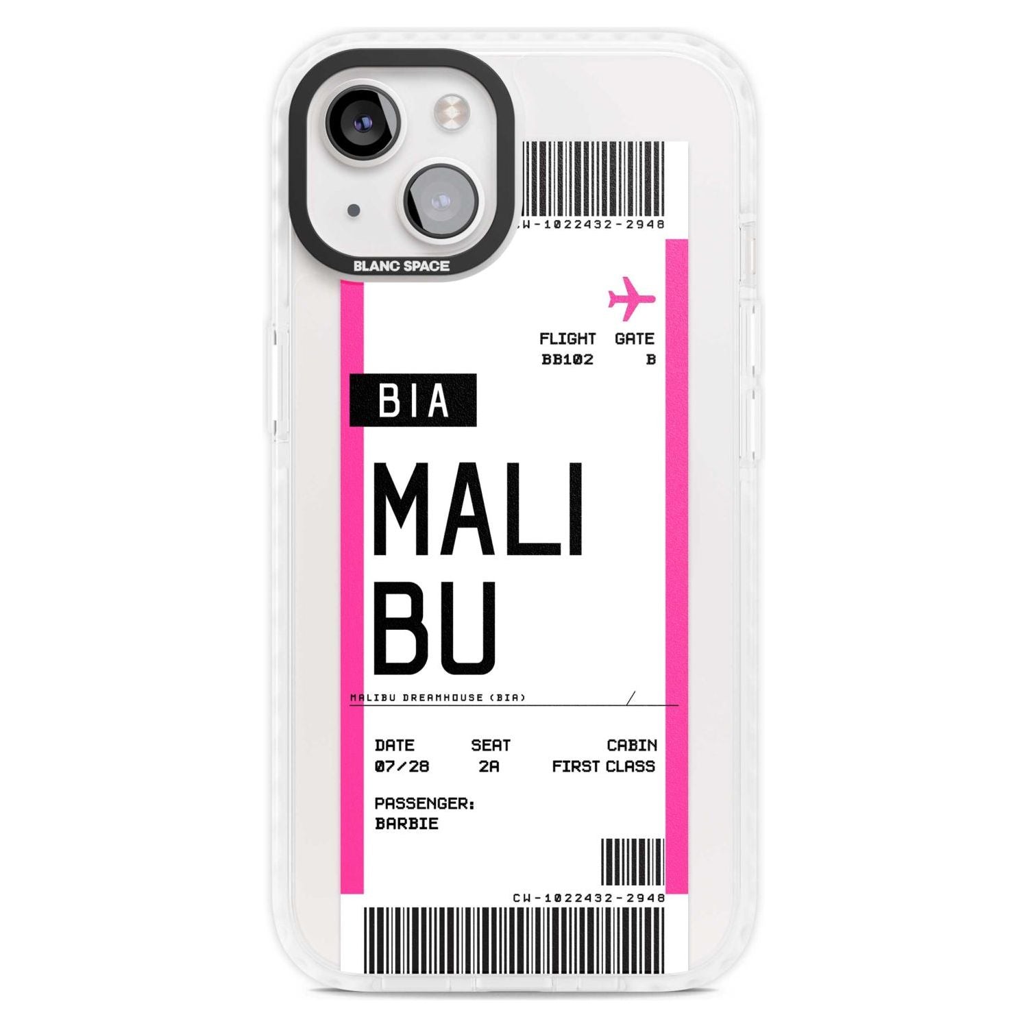 Personalised Pink Malibu Boarding Pass Custom Phone Case iPhone 15 Plus / Magsafe Impact Case,iPhone 15 / Magsafe Impact Case Blanc Space