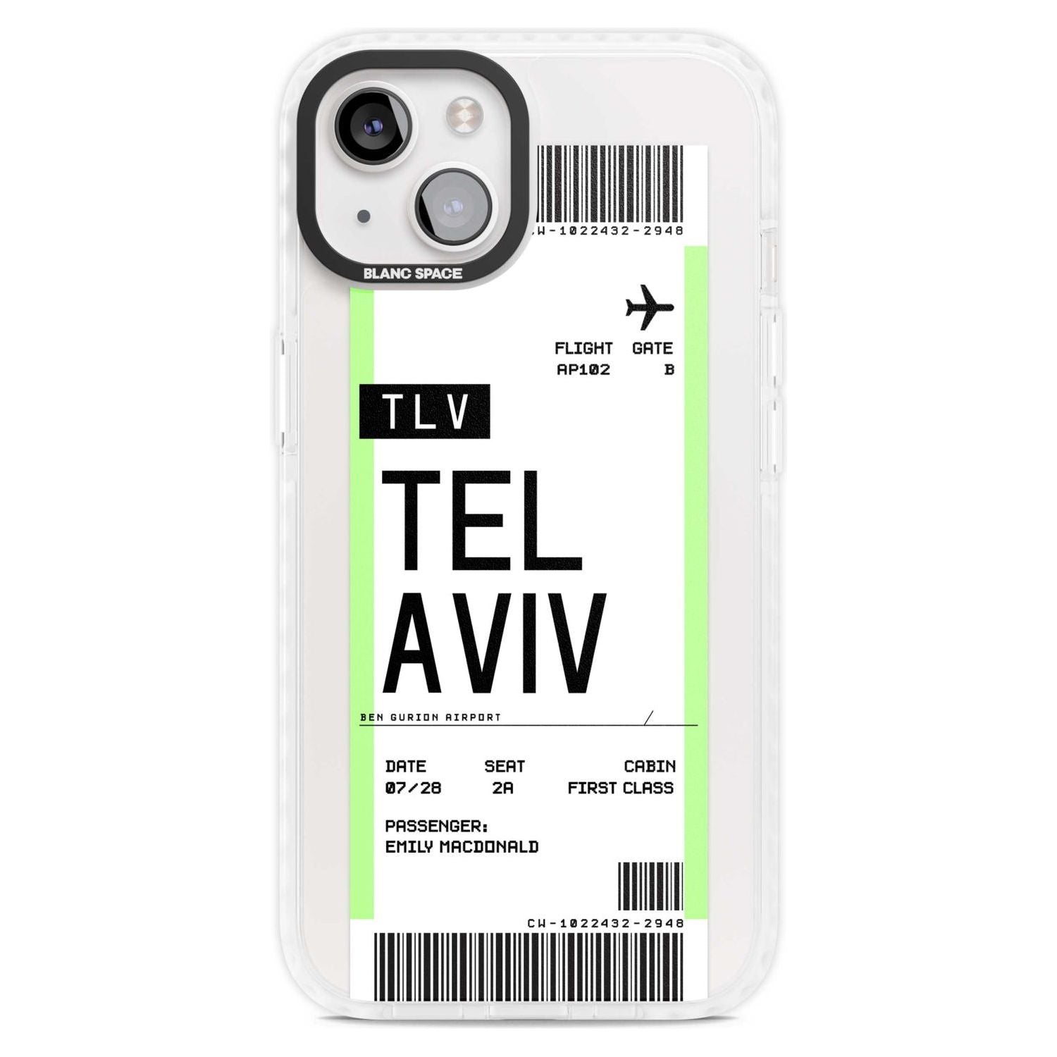 Personalised Tel Aviv Boarding Pass Custom Phone Case iPhone 15 Plus / Magsafe Impact Case,iPhone 15 / Magsafe Impact Case Blanc Space