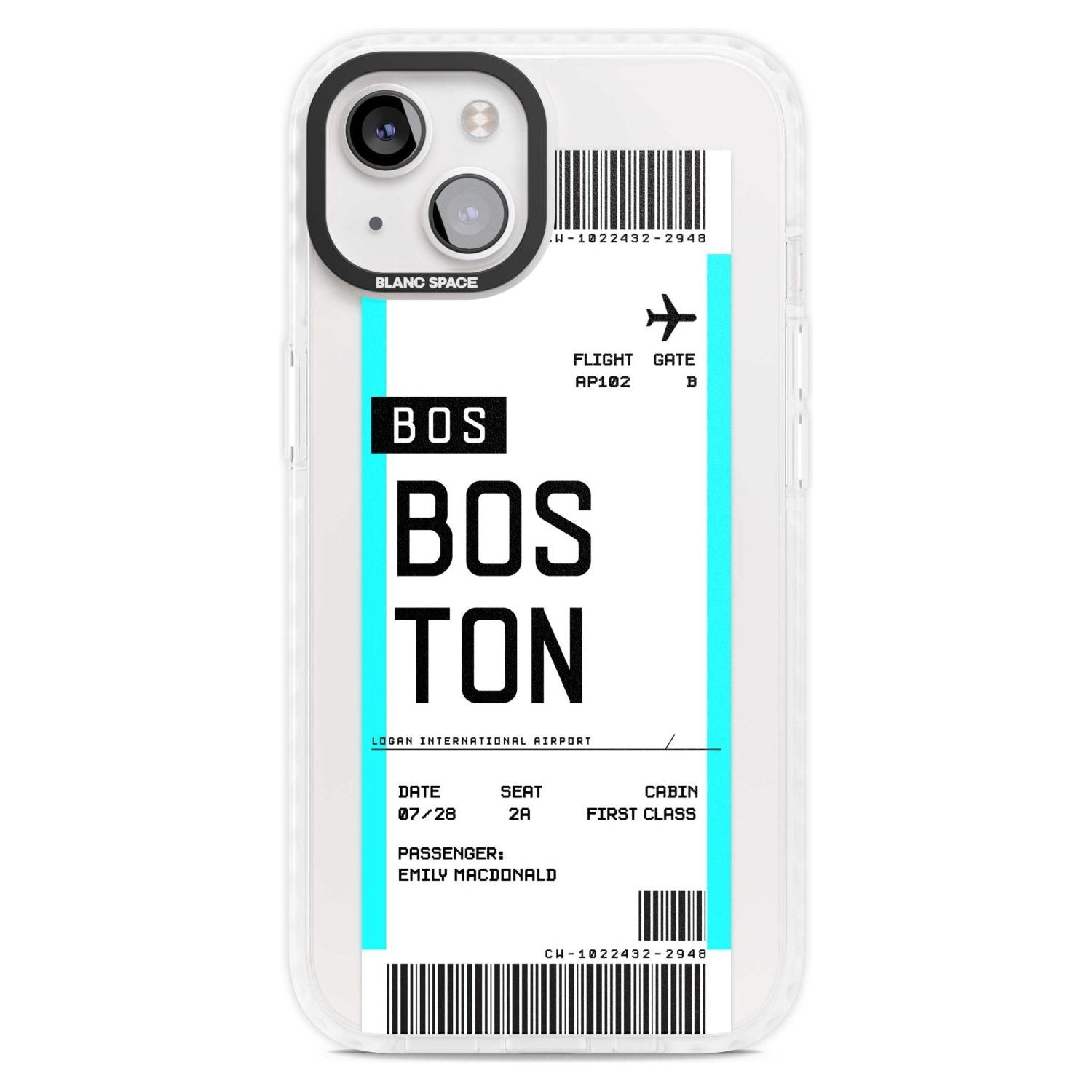 Personalised Boston Boarding Pass Custom Phone Case iPhone 15 Plus / Magsafe Impact Case,iPhone 15 / Magsafe Impact Case Blanc Space