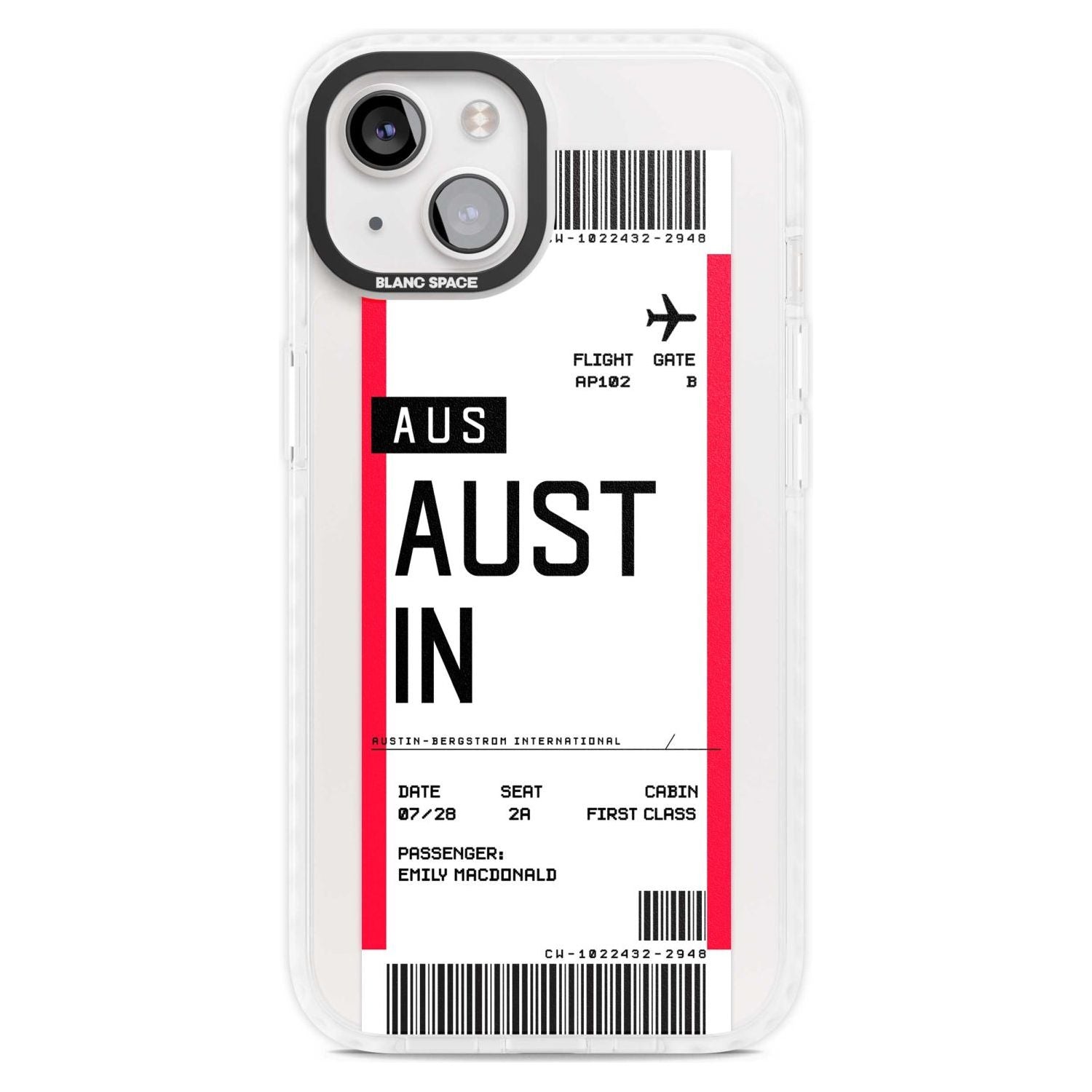 Personalised Austin Boarding Pass Custom Phone Case iPhone 15 Plus / Magsafe Impact Case,iPhone 15 / Magsafe Impact Case Blanc Space