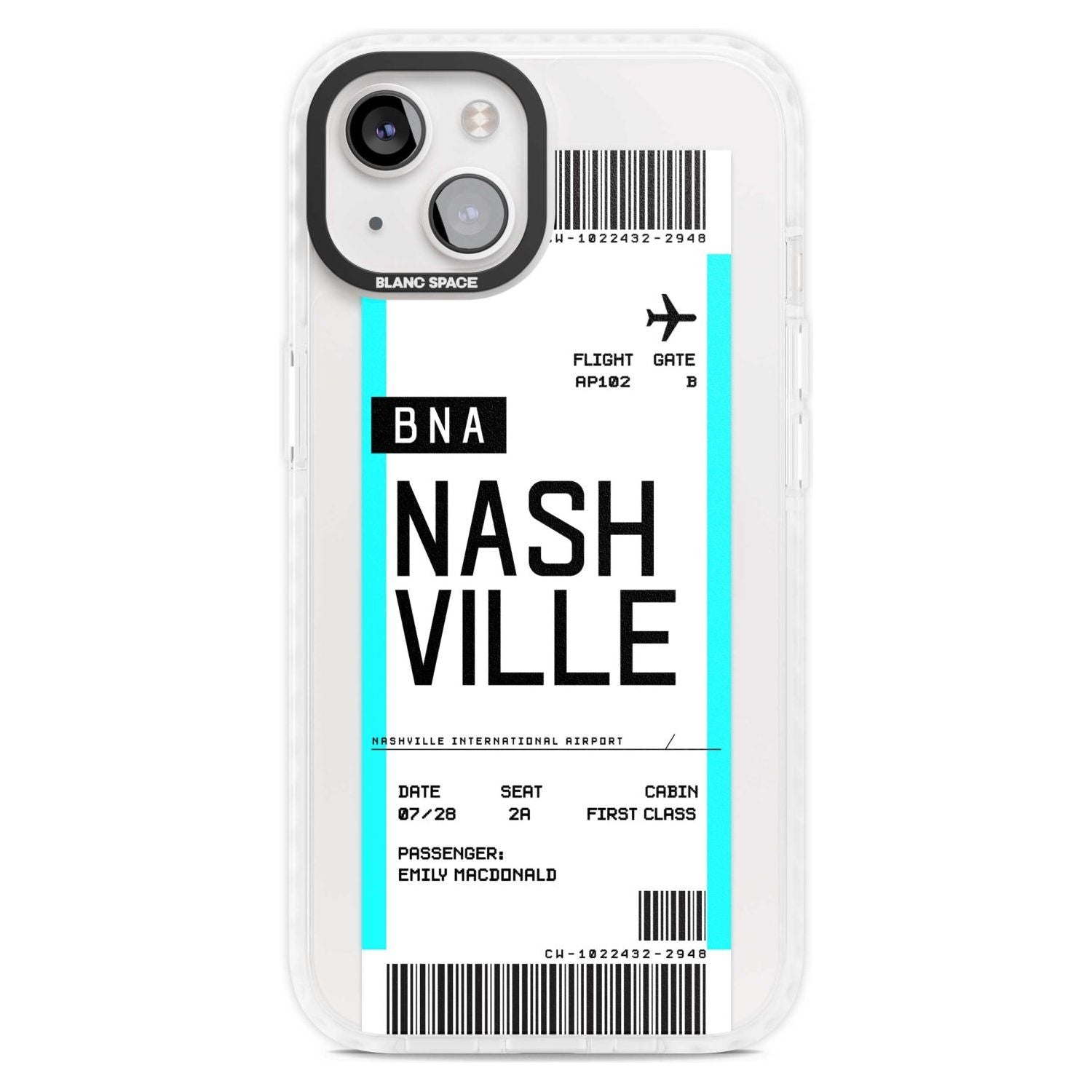 Personalised Nashville Boarding Pass Custom Phone Case iPhone 15 Plus / Magsafe Impact Case,iPhone 15 / Magsafe Impact Case Blanc Space