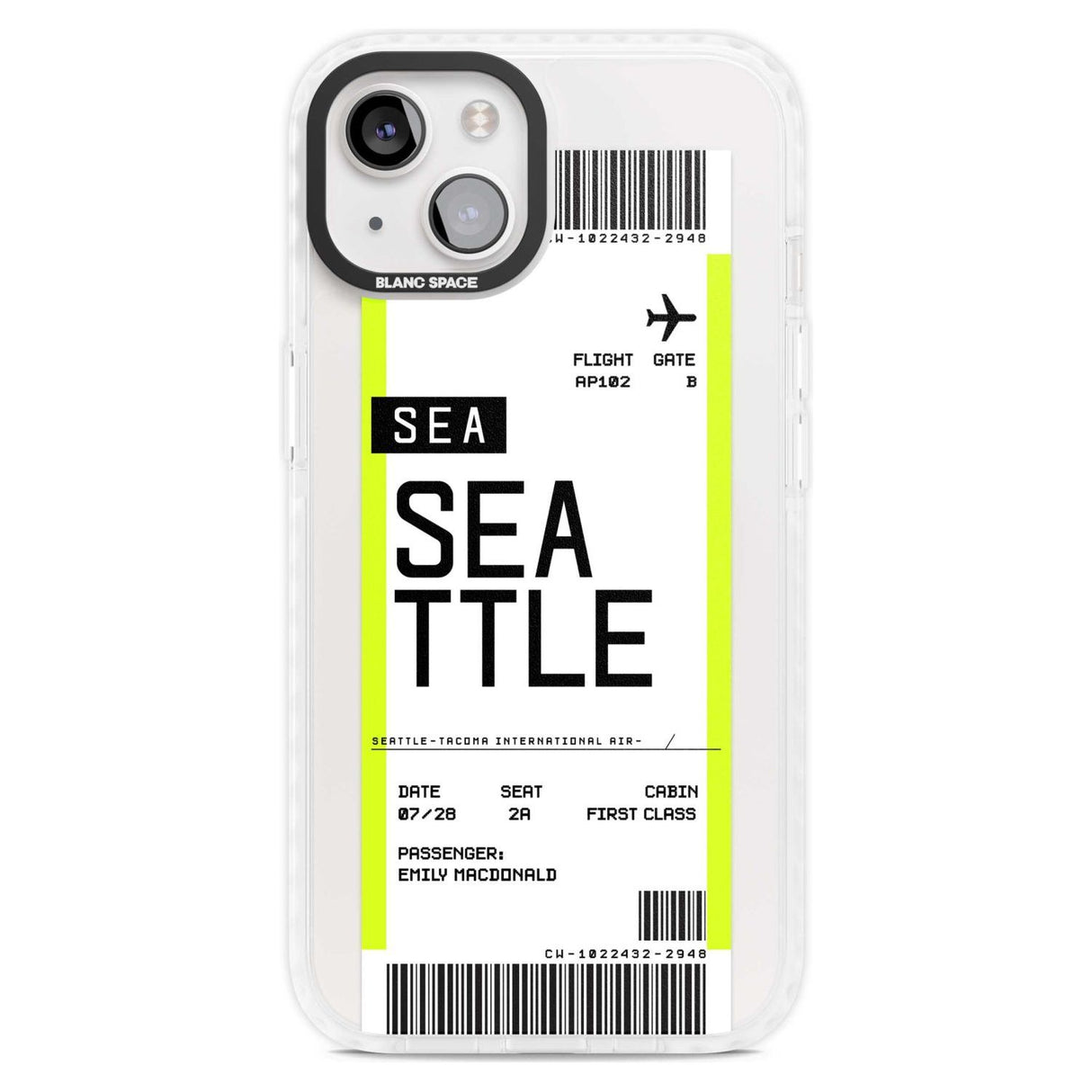 Personalised Seattle Boarding Pass Custom Phone Case iPhone 15 Plus / Magsafe Impact Case,iPhone 15 / Magsafe Impact Case Blanc Space